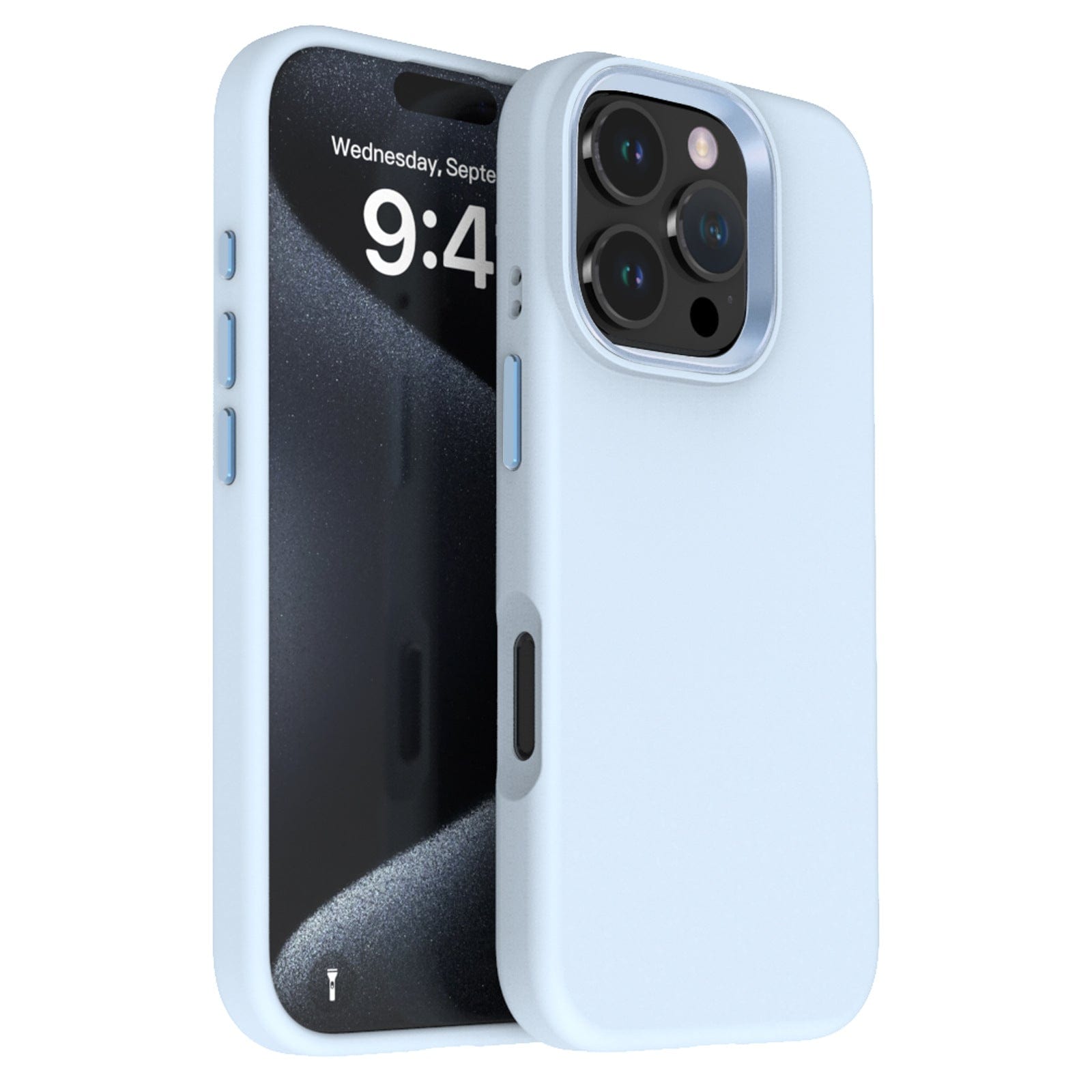 A smartphone in a blue Liquid Silicone iPhone 16 Pro Max Case with Soft Microfiber Lining, displaying the time as 9:45 and the date Wednesday, September 12, showcases a black and gray abstract background. The shockproof protective cover also includes enhanced camera protection with a metal camera ring.