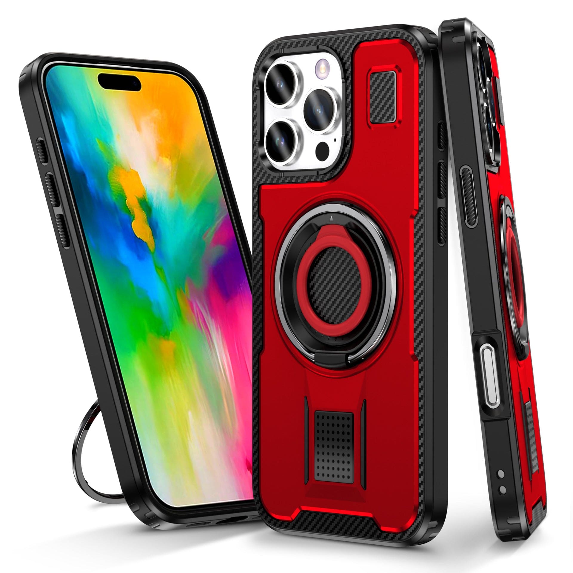 A smartphone with a colorful display and a heavy-duty iPhone 16 Pro Max case featuring carbon fiber accents, a 360° rotating ring holder, MagSafe compatibility, and multiple rear camera lenses.