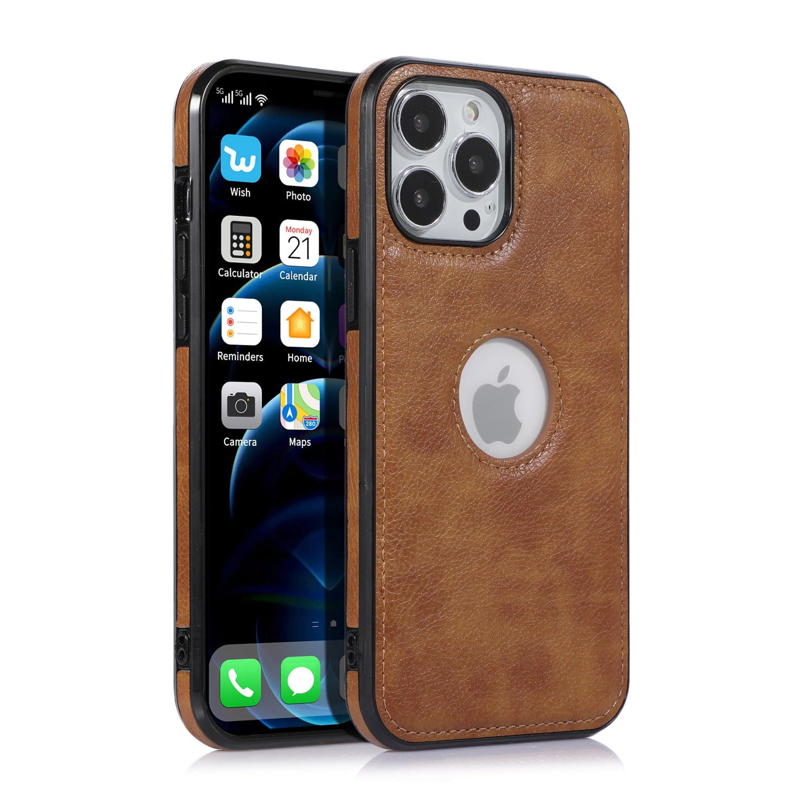 Premium synthetic leather iPhone 16 Pro Max case with Apple logo, fitted on a black smartphone displaying various app icons on its screen. The shockproof, anti-fingerprint protective cover features a circular cutout on the back for the logo.