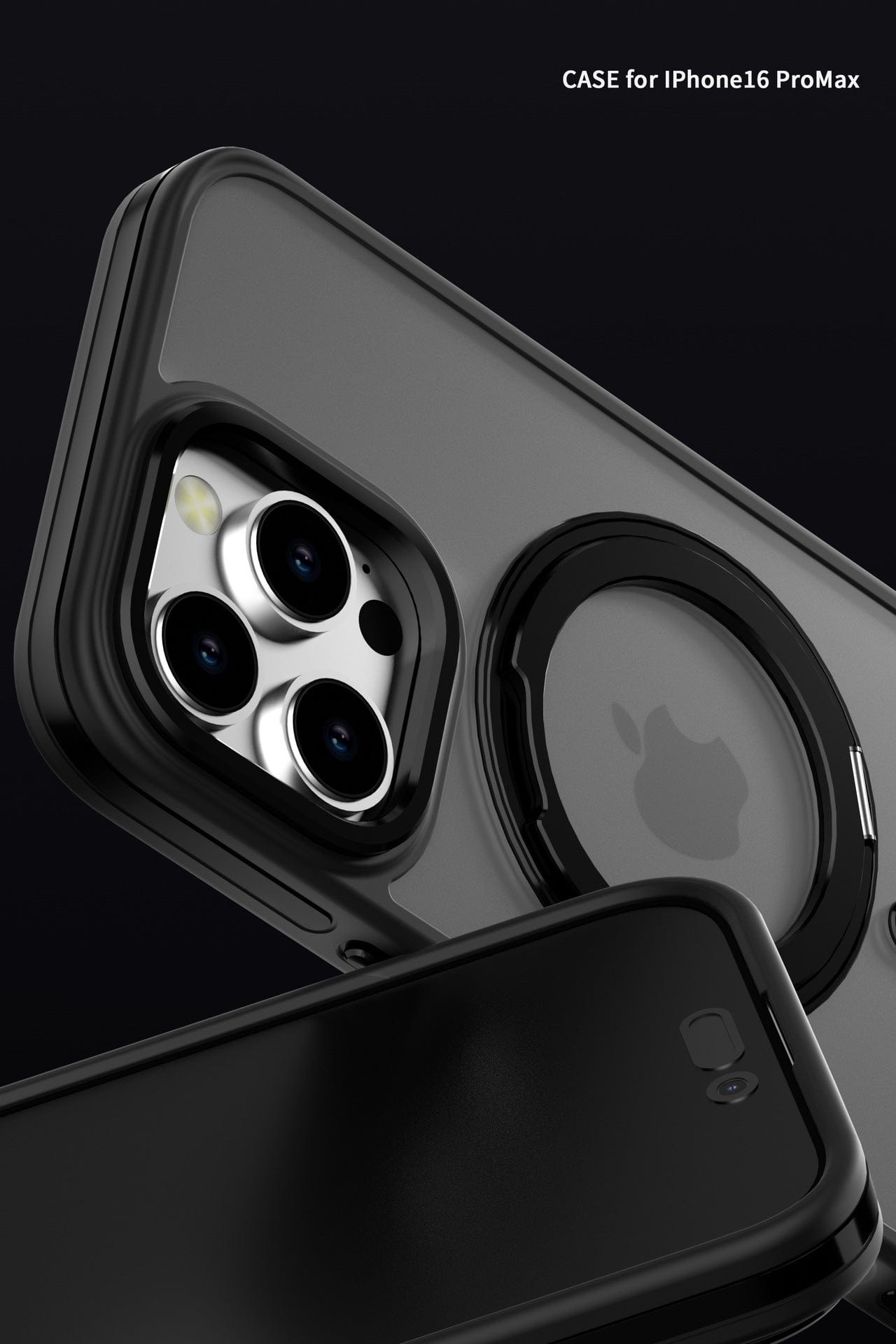 A sleek, black Matte Finish iPhone 16 Pro Max Case with a cutout for the camera array and a rotating ring holder indentation on the back is displayed against a dark background, alongside the front view of the phone.