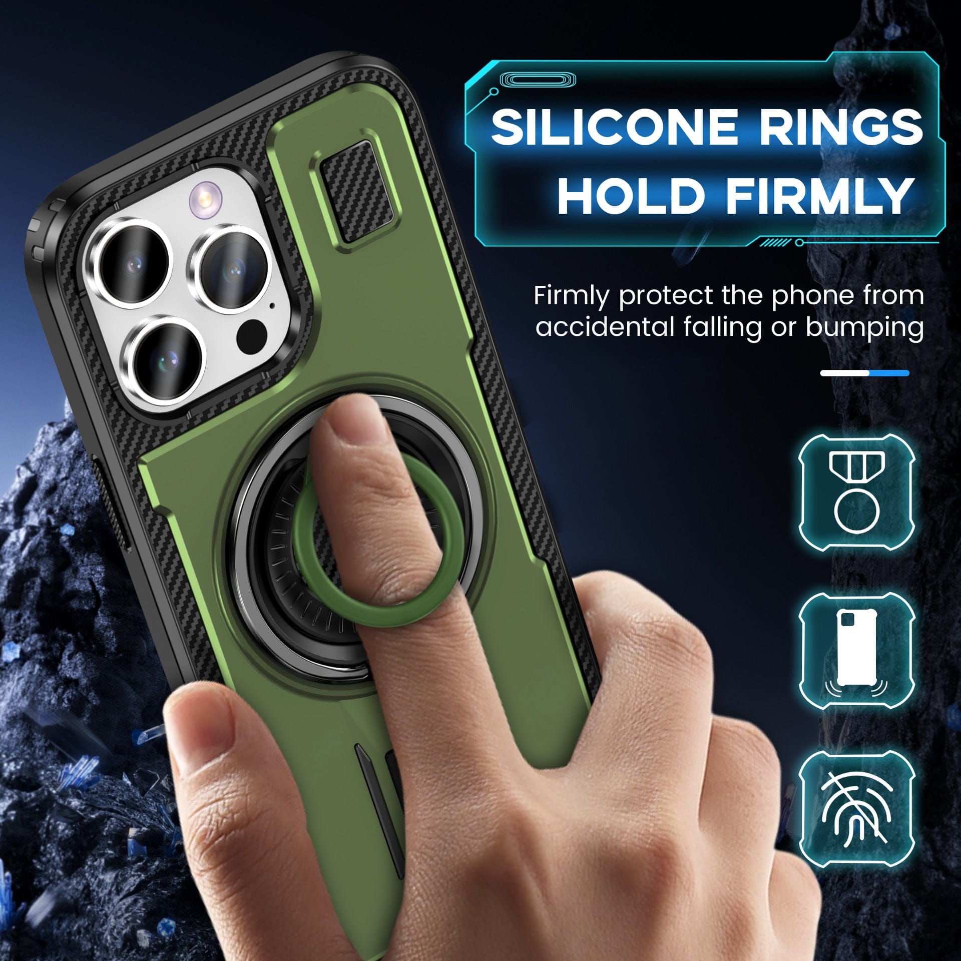 A close-up image shows the Heavy-Duty iPhone 16 Pro Max Case in an eye-catching green and black design, featuring a 360° rotating silicone ring holder. The text emphasizes that the ergonomic ring provides a firm grip, ensuring robust protection against accidental drops or bumps.