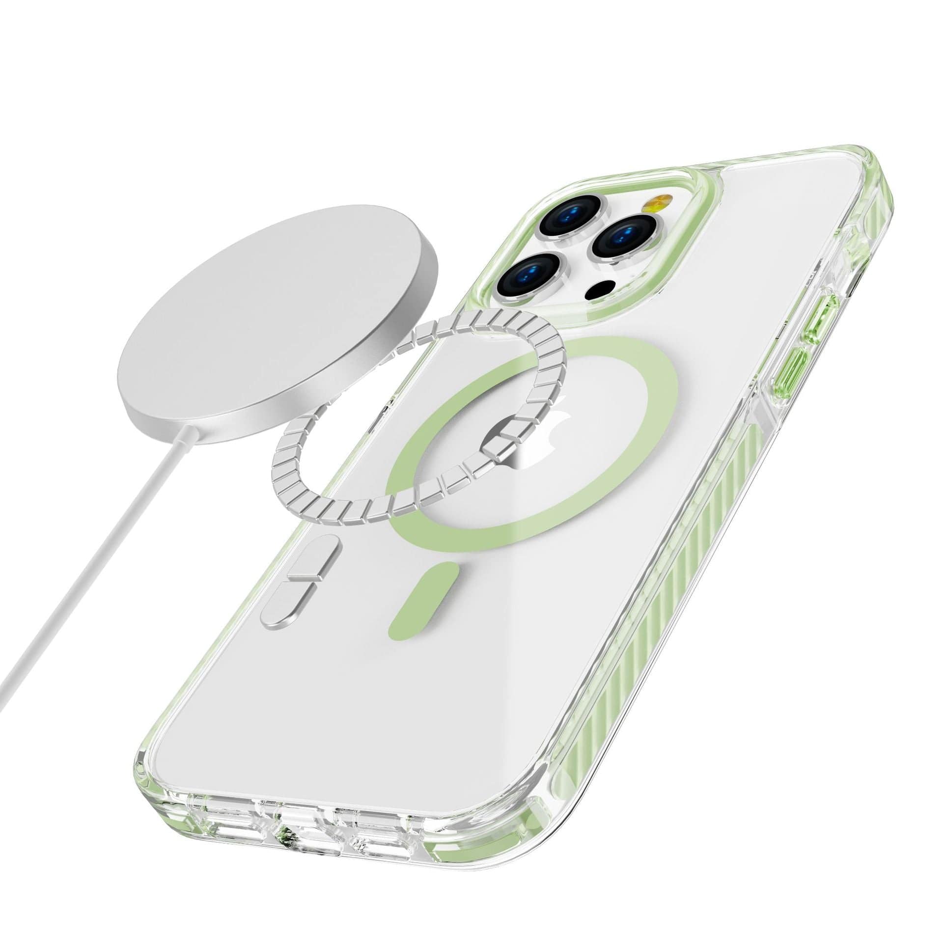 A smartphone with an iPhone 16 Pro Max Case - Acrylic Backplate with TPU Frame, Shockproof, MagSafe Compatible featuring green accents is shown alongside a circular wireless charging pad.