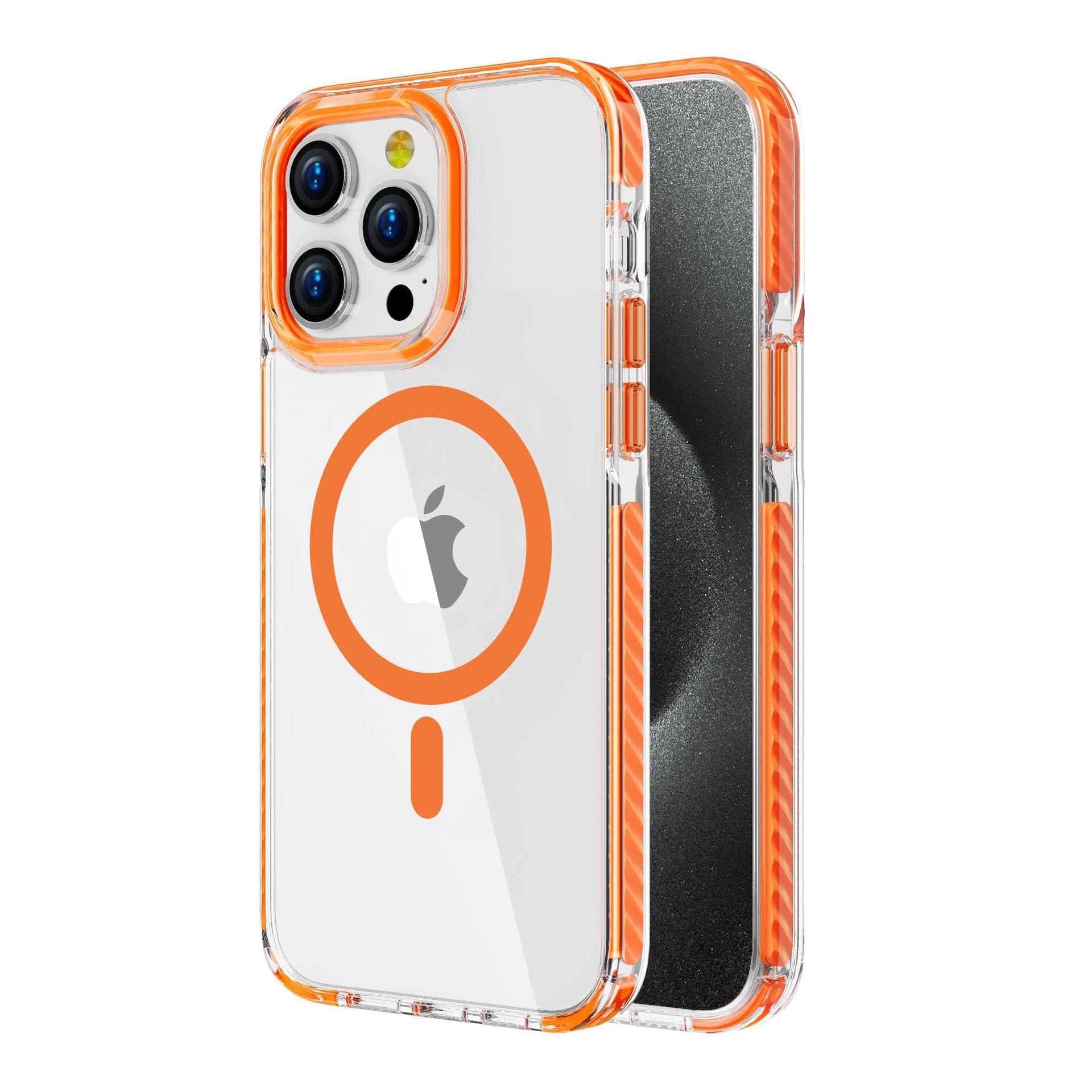 An acrylic backplate iPhone 16 Pro Max case with a TPU frame, orange accents, a circular MagSafe design, and three rear camera lens cutouts.