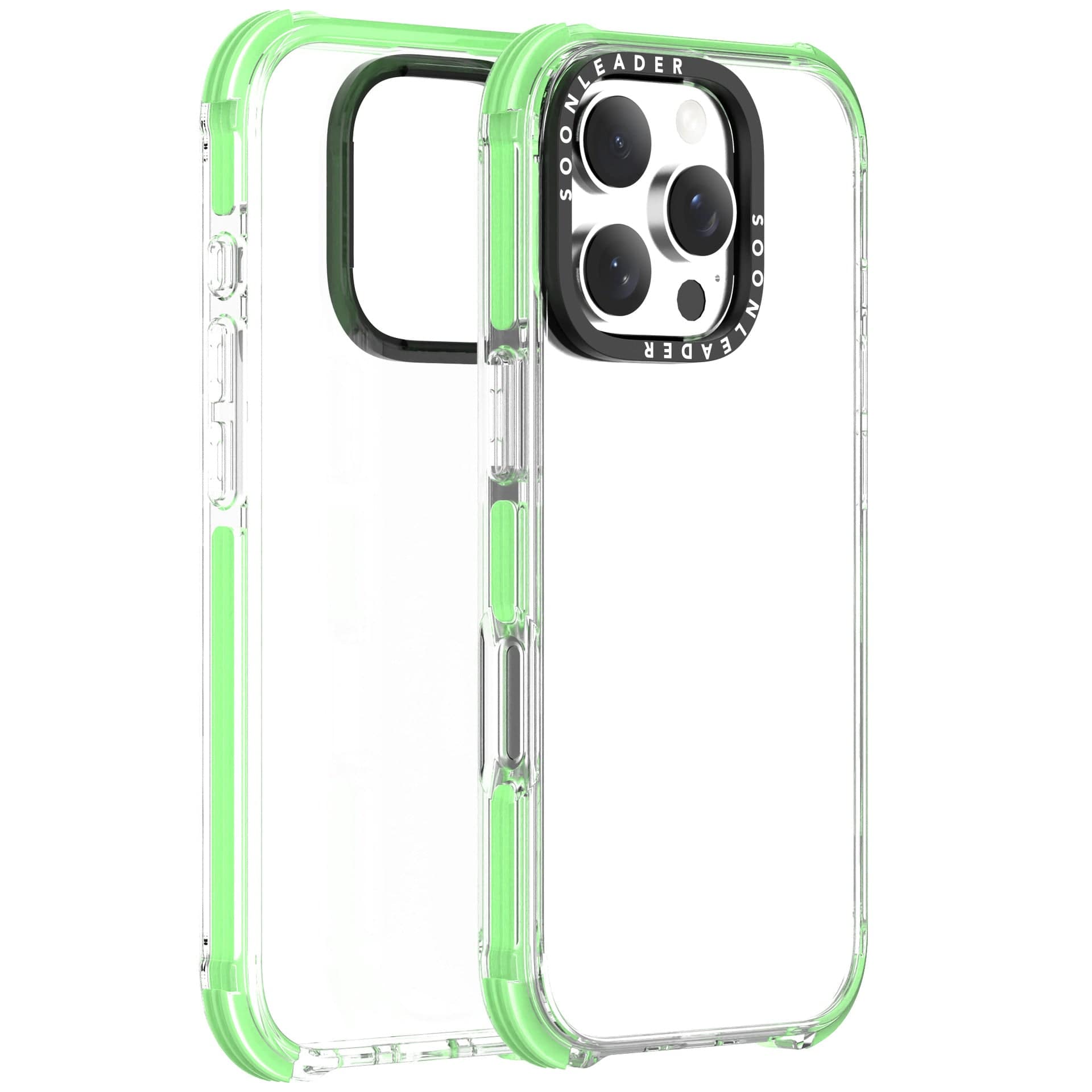 The iPhone 16 Pro Max Clear MagSafe Case, shown from front and back views, features green edges, precise cutouts for buttons and the camera, anti-yellowing properties, and military-grade drop protection.