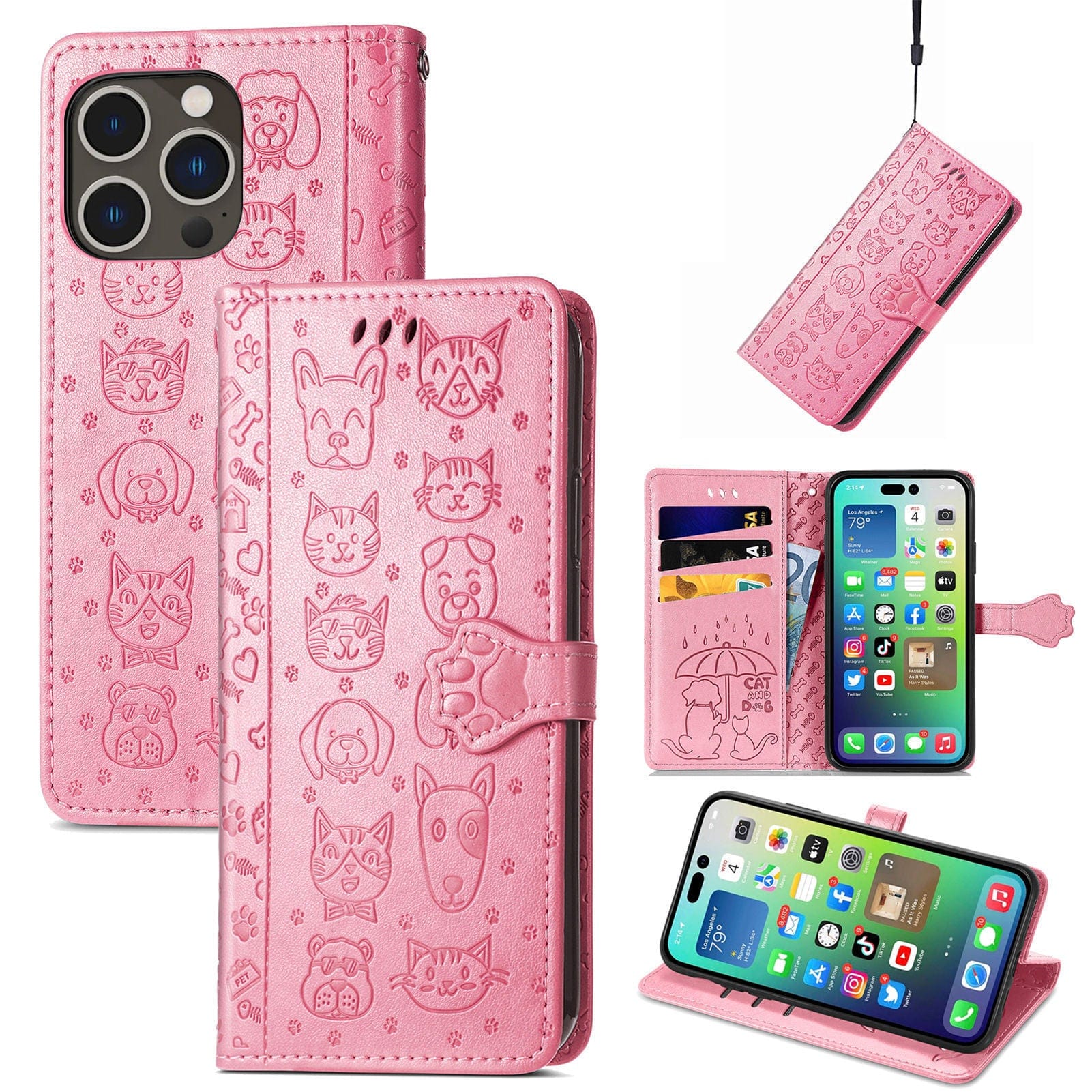 The iPhone 16 Pro Max Wallet Case with Cute Cat and Dog Embossed Design is a pink PU leather flip cover featuring card slots, a wrist strap, and an integrated hands-free viewing kickstand. Designed to display both the rear and internal views of the smartphone.