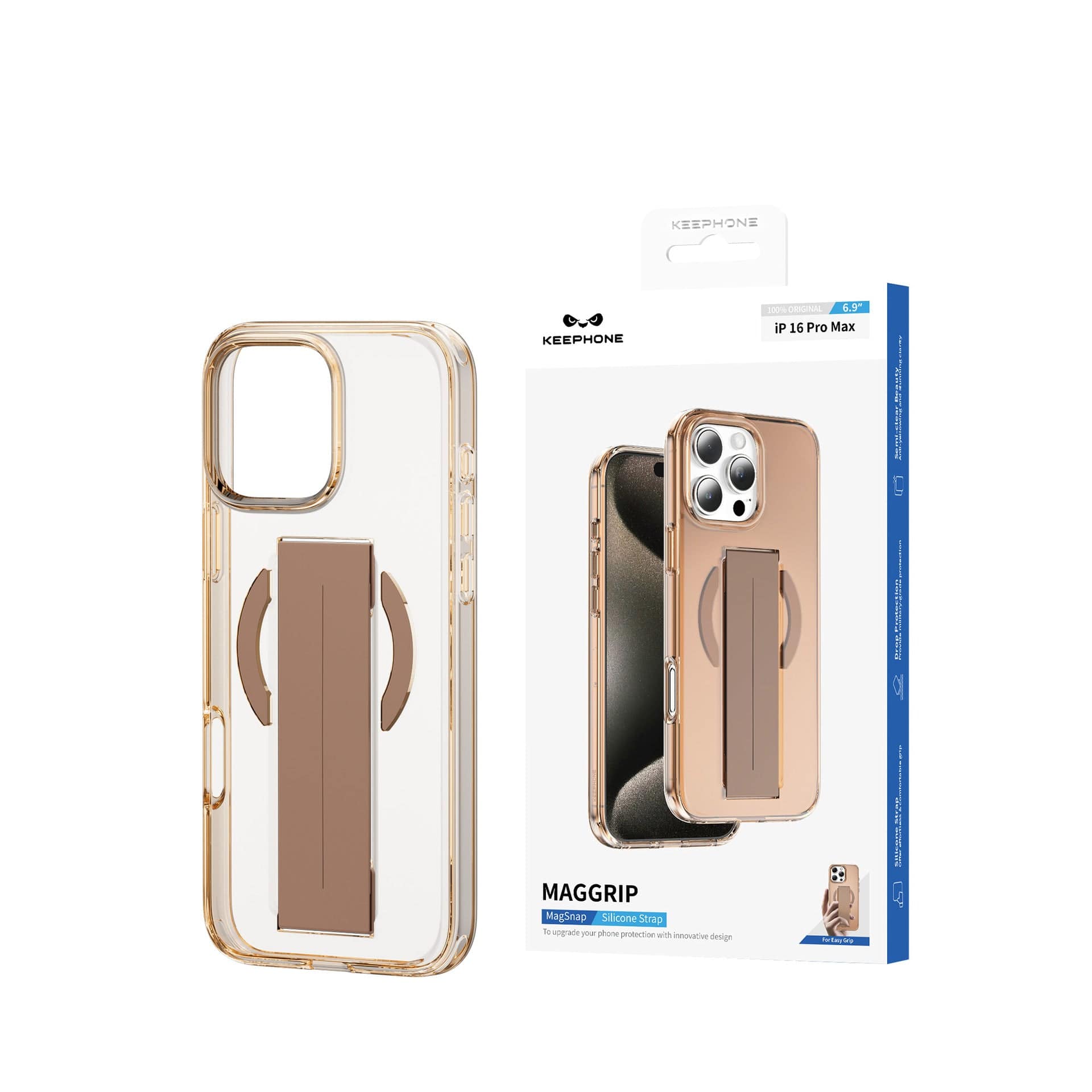 The iPhone 16 Pro Max Military-Grade MagSafe Case, a shockproof clear protective cover with a brown silicone grip strap, is displayed next to its packaging, which indicates it fits the iPhone 16 Pro Max.