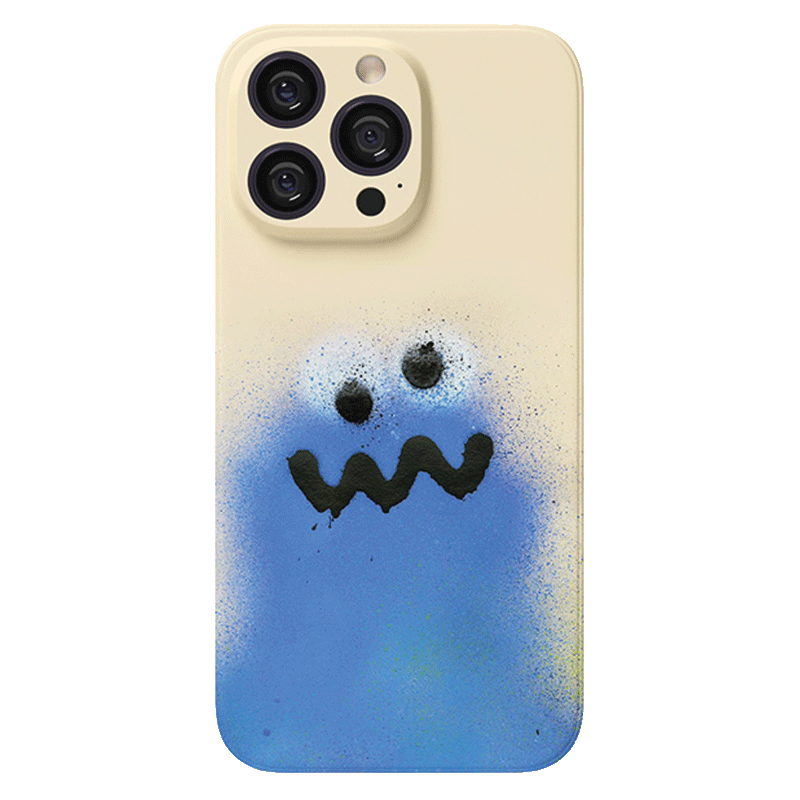 An iPhone 16 Pro Max with a cream-colored "Colorful Spray Art" case, showcasing a blue, ghost-like figure adorned with black eyes and a wavy mouth, embodying a simple, playful face in vibrant graffiti style.