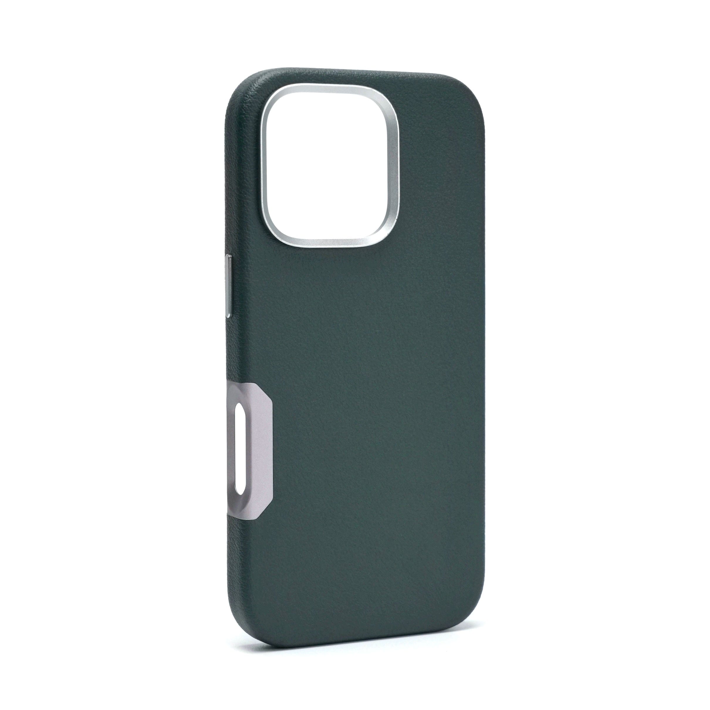 An iPhone 16 Pro Max Leather Case with Aluminum Alloy Buttons is displayed standing upright on a white background. The dark green case features MagSafe compatibility and a raised camera frame, while its premium leather finish adds a touch of elegance.