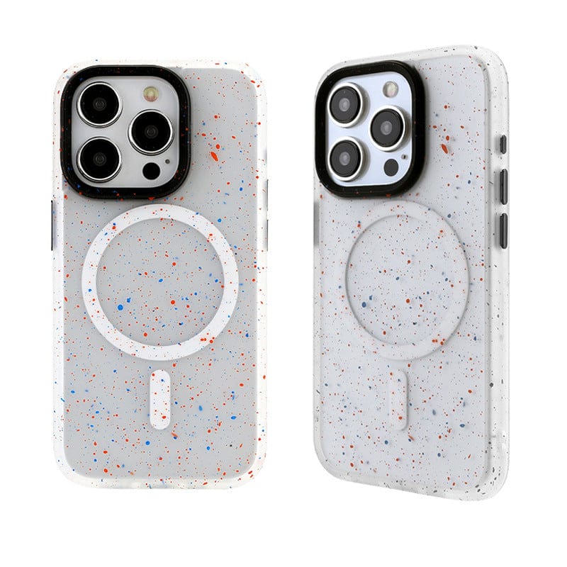 Two Speckled MagSafe iPhone 16 Pro Max Cases in matte finish are displayed showing both front and back views. These cases, which are shockproof and anti-fingerprint, feature circular MagSafe rings and have precise camera cutouts.