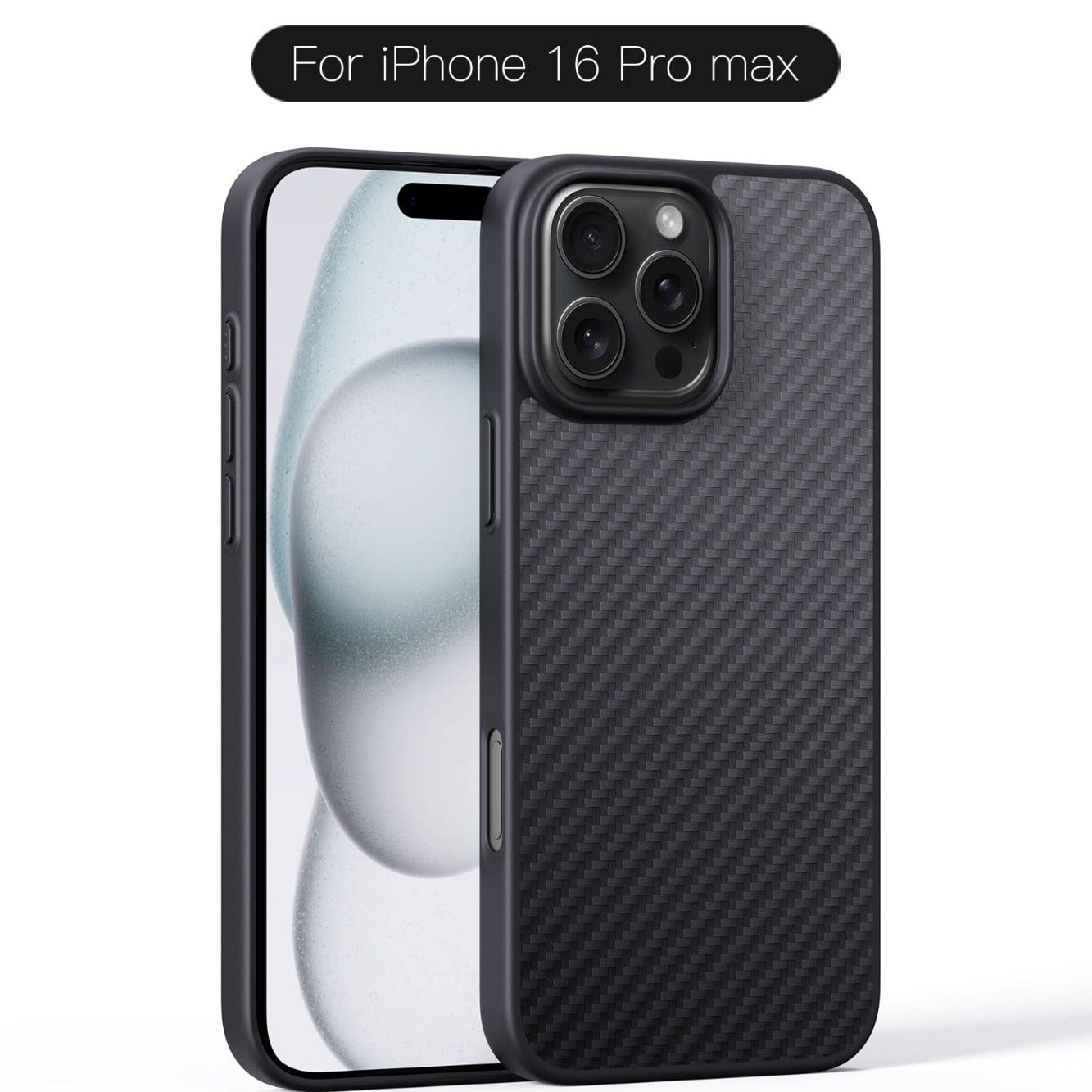 Ultrathin Kevlar MagSafe iPhone 16 Pro Max Case - 1500D & 600D Textures, sleek and durable, covering the back and sides, with the phone screen displaying abstract bubbles.