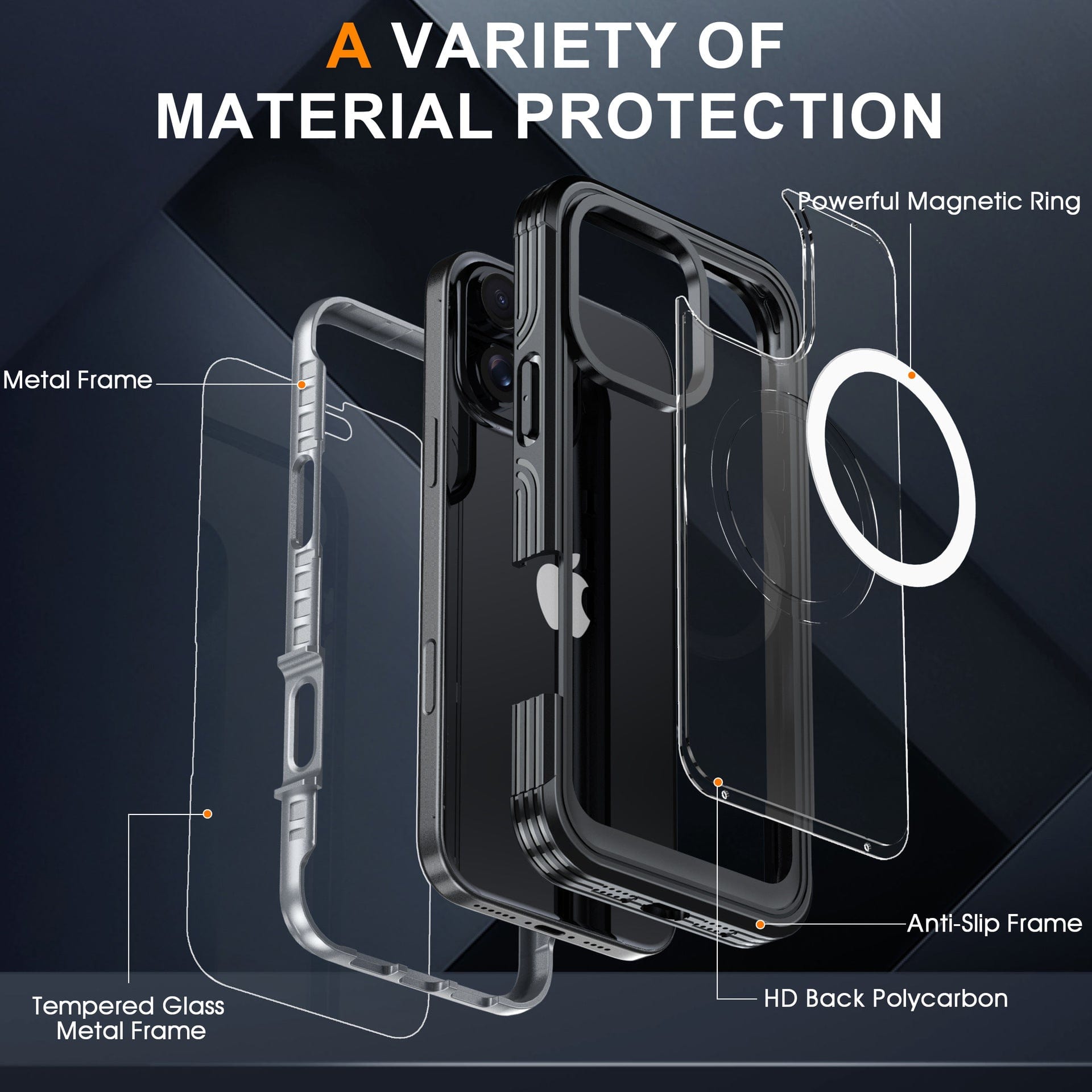 An exploded view of the Magnetic Clear iPhone 16 Pro Max Case with 9H Tempered Glass Screen Protector features MagSafe compatibility, a metal frame, tempered glass, an anti-slip frame, HD back polycarbon, and a powerful magnetic ring. The text "A Variety of Material Protection" is displayed at the top.