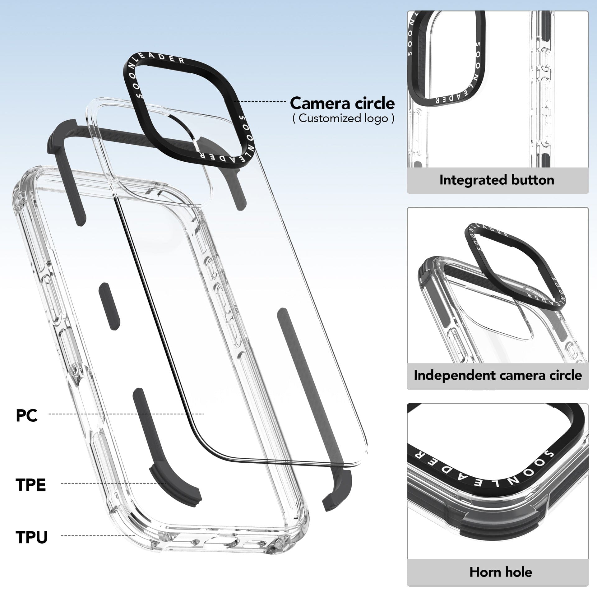 An exploded view of the iPhone 16 Pro Max Clear MagSafe Case reveals its components: PC shell, TPU layer, TPE layer, independent camera circle which can be customized with a logo, integrated button, and horn hole. This Anti-Yellowing Shockproof Cover boasts Military-Grade Drop Protection for ultimate durability.