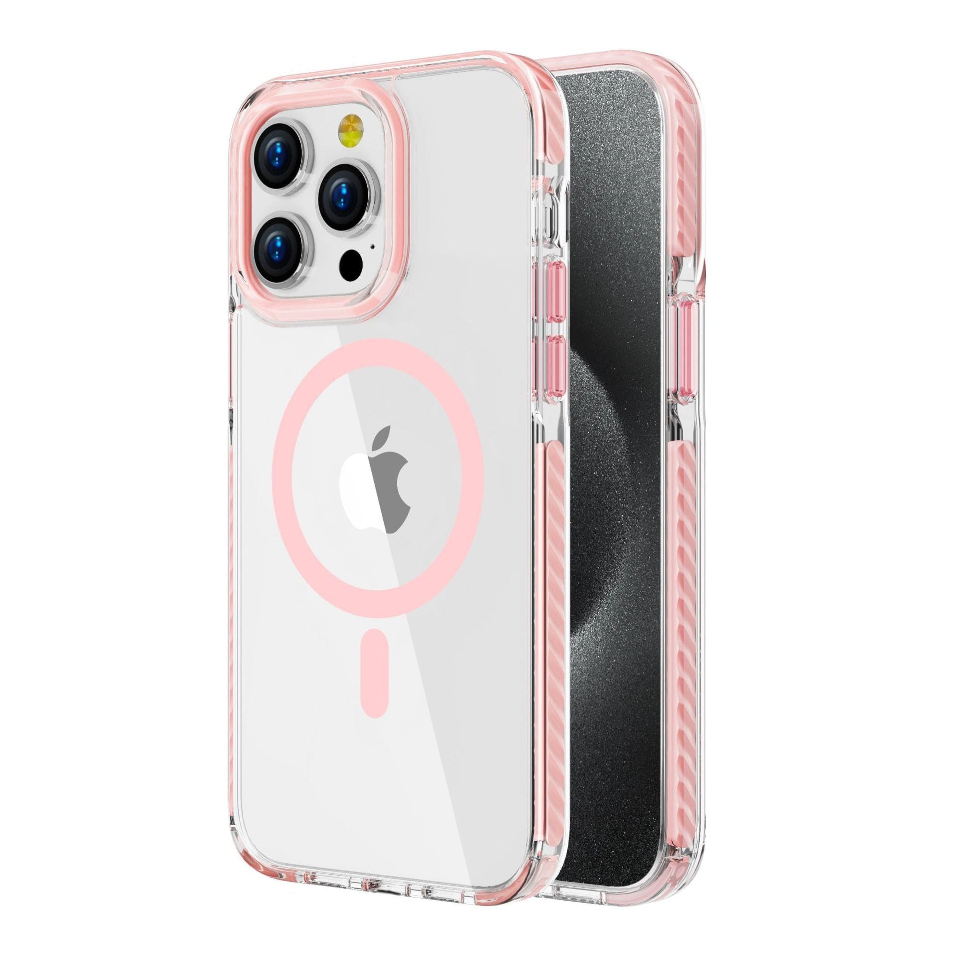 An iPhone 16 Pro Max Case - Acrylic Backplate with TPU Frame, Shockproof, MagSafe Compatible features a transparent design, pink accents, and a circular detailing around the Apple logo. It is showcased on an iPhone 16 Pro Max equipped with three rear cameras.