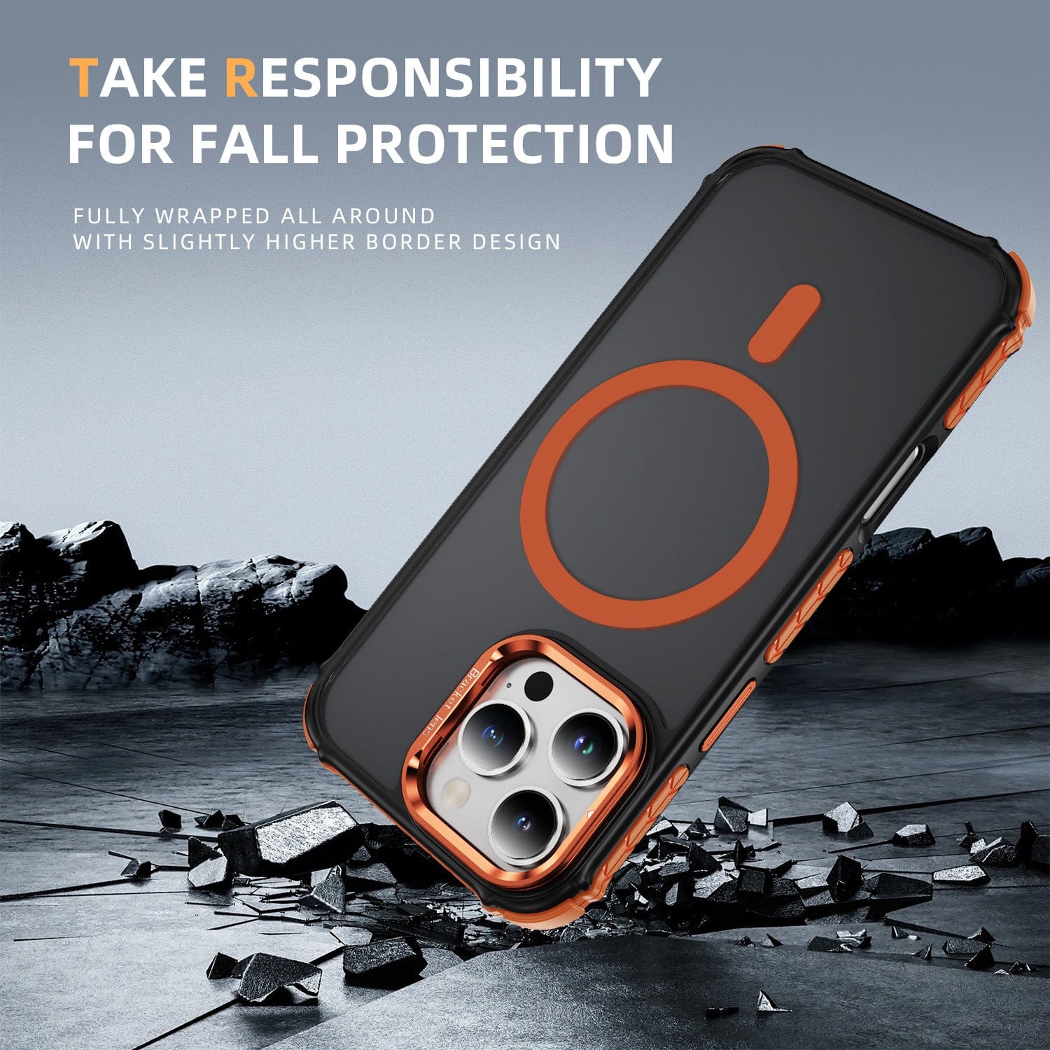 iPhone 16 Pro Max Rugged MagSafe Case in black with orange accents and higher border design, displayed against a cracked surface background. Dual-layer shockproof protection ensures durability while the metal kickstand offers convenience. Text reads "Take Responsibility for Fall Protection.