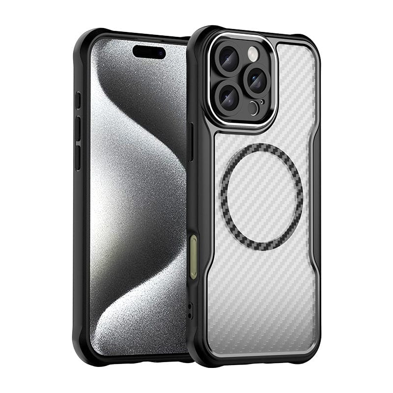 iPhone 16 Pro Max Case - Semi-Transparent Carbon Fiber + PC Material, MagSafe Compatible, Shockproof Airbag Corners, and Matte Finish, shown on a smartphone with a wavy screen pattern.