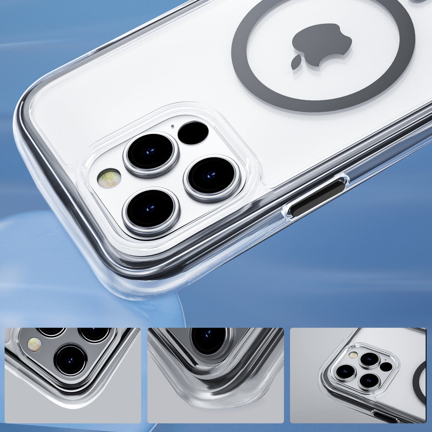 A close-up of an iPhone 16 Pro Max Air Cushion MagSafe Case | 360° Shockproof Clear Protective Cover displays its camera lenses and a circular design on the back. The image also showcases three smaller close-up views of the phone and case, highlighting enhanced MagSafe compatibility.