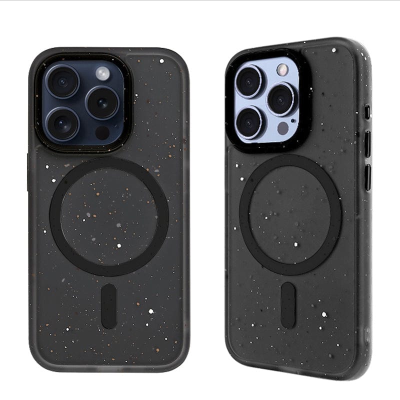 Two black iPhone cases with speckled patterns and circular MagSafe rings are shown. The one on the left is the Speckled MagSafe iPhone 16 Pro Max Case, designed for phones with three cameras and offers a matte finish, shockproof protection, anti-fingerprint features, made from TPU+PC material. The one on the right fits slightly smaller iPhones.