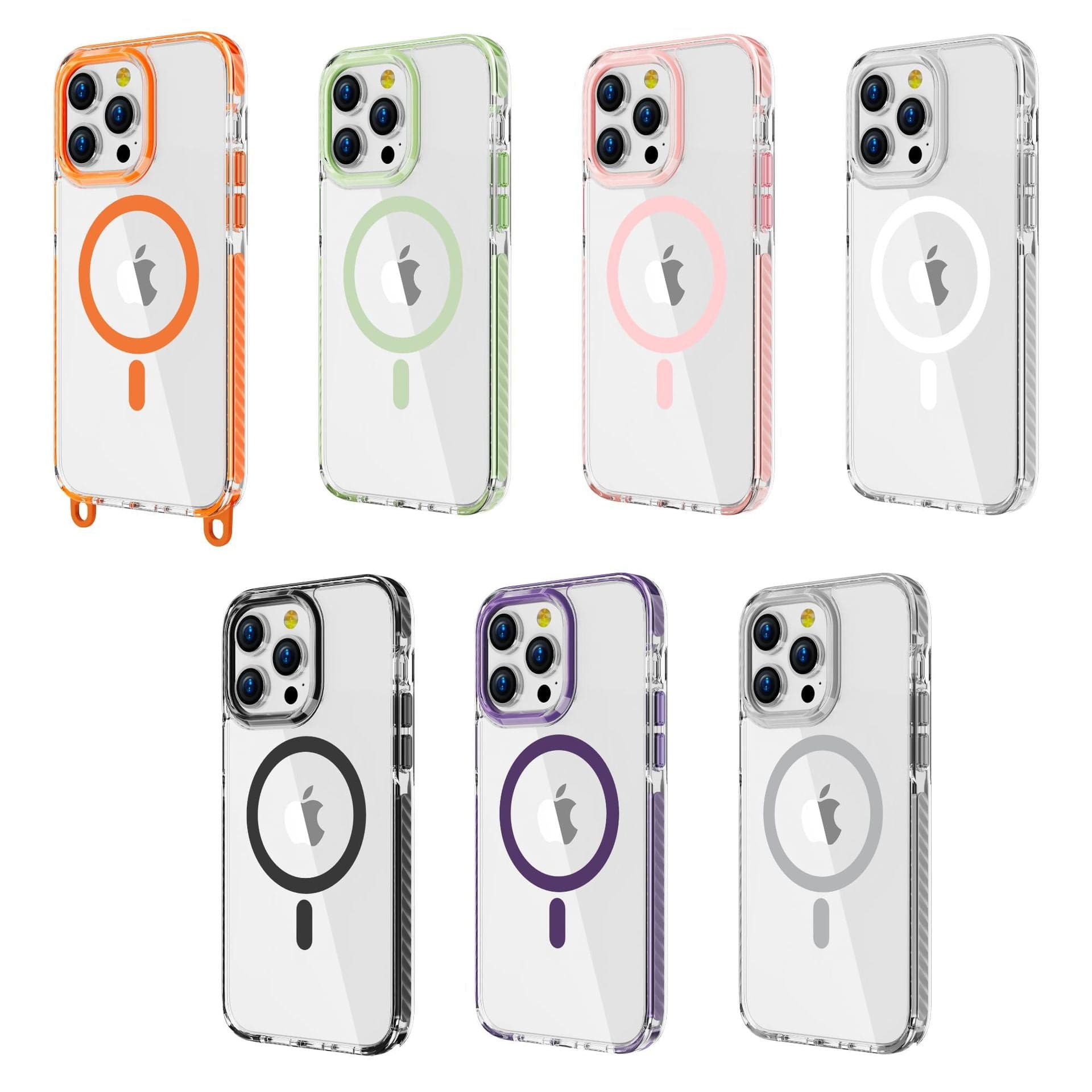 Displayed are the iPhone 16 Pro Max cases featuring an acrylic backplate with a TPU frame in multiple clear options, each with colored borders and circular MagSafe rings. The available colors are orange, green, pink, black, purple, and clear. These cases are shockproof and designed for a smartphone with three cameras.