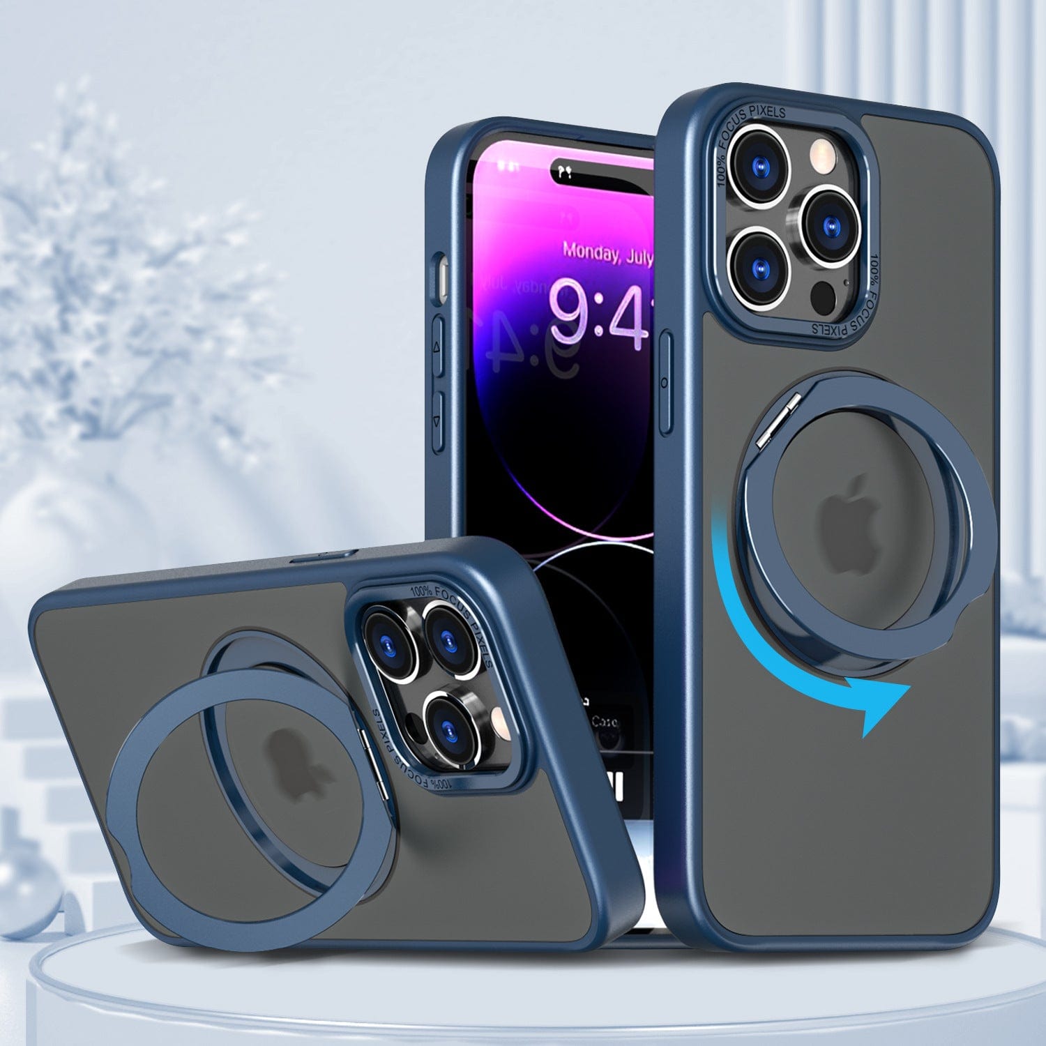 Two smartphones are encased in blue iPhone 16 Pro Max Cases, which feature shockproof protection and a built-in 360° rotating stand. One phone is standing upright with its stand engaged, while the other is lying flat. Both phones showcase their multiple rear cameras.