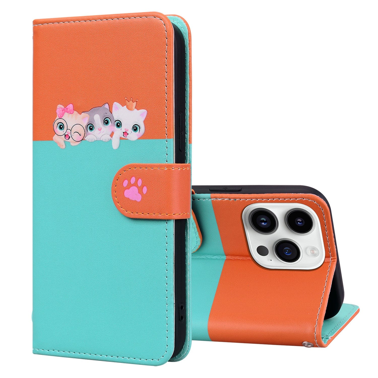 Introducing the Cute Cartoon iPhone 16 Pro Max Wallet Case – a stylish and functional accessory featuring a foldable cover adorned with three charming cartoon cats at the top. This case showcases vibrant turquoise and orange hues, a paw print on the strap, and is compatible with MagSafe charging. It also offers robust drop protection, card slots, and can be used as a stand for added convenience.