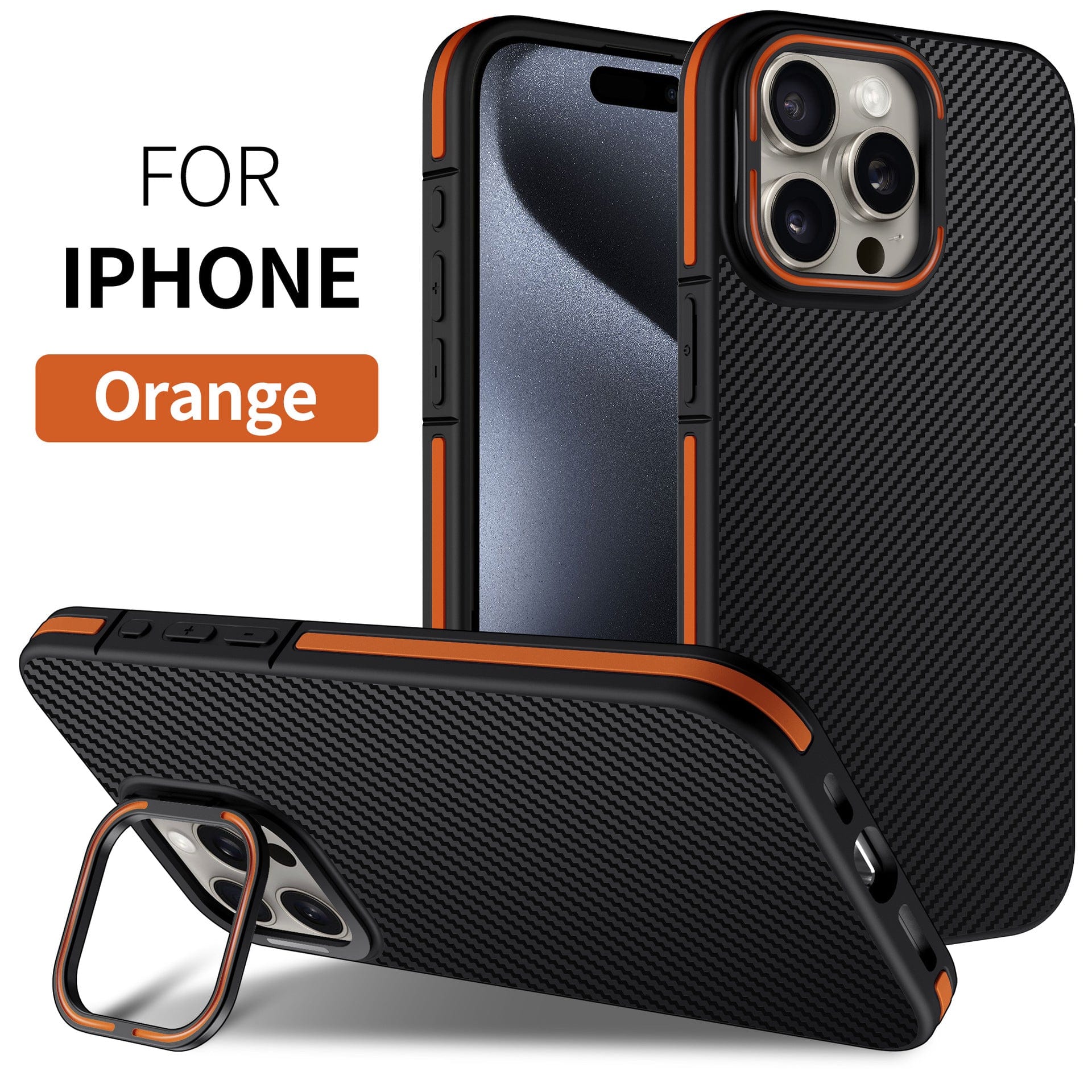 Two iPhone 16 Pro Max Carbon Fiber Texture Cases, in black with orange accents, featuring a textured surface, camera cutout, and metal kickstand are displayed.