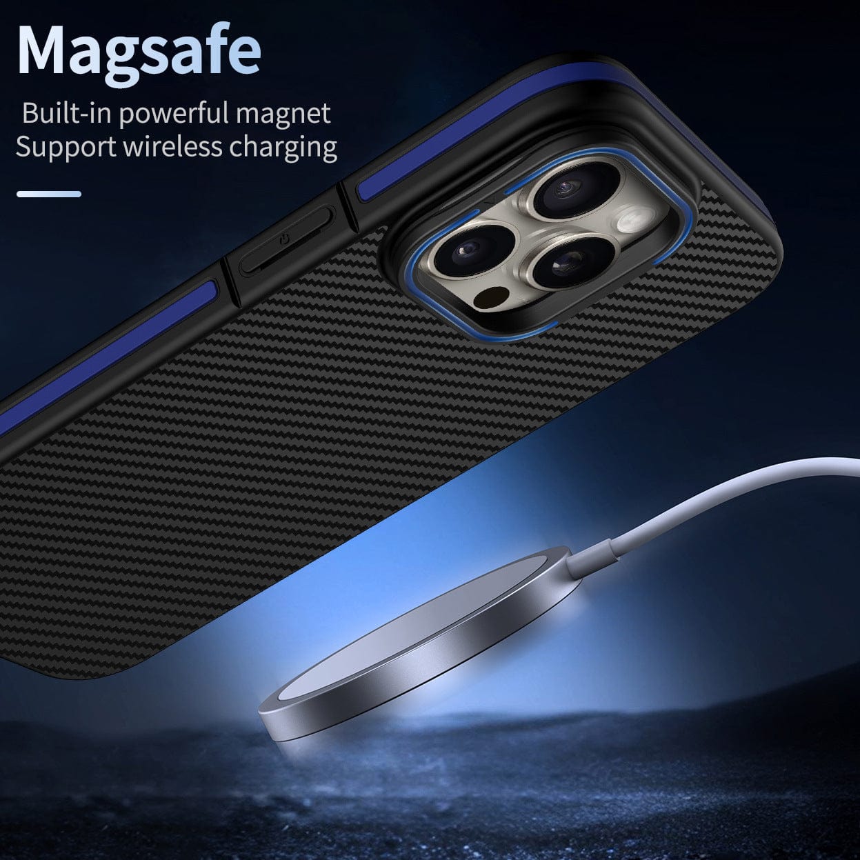 The iPhone 16 Pro Max Carbon Fiber Texture Case - Shockproof with Metal Kickstand is shown being wirelessly charged using a round MagSafe charger. Text reads: "MagSafe - Built-in powerful magnet. Supports wireless charging.