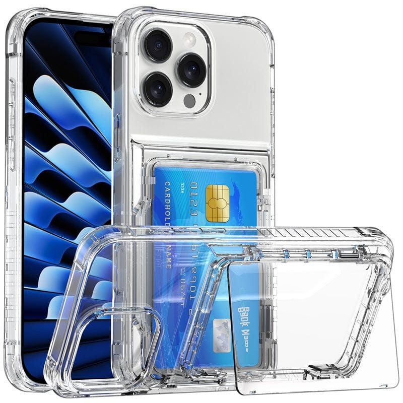 Clear iPhone 16 Pro Max case with a kickstand and card holder slot, shown in closed and open positions. The phone features a blue and black abstract wallpaper, adding a modern touch. This Shockproof TPU + PC Protective Cover provides both style and protection.