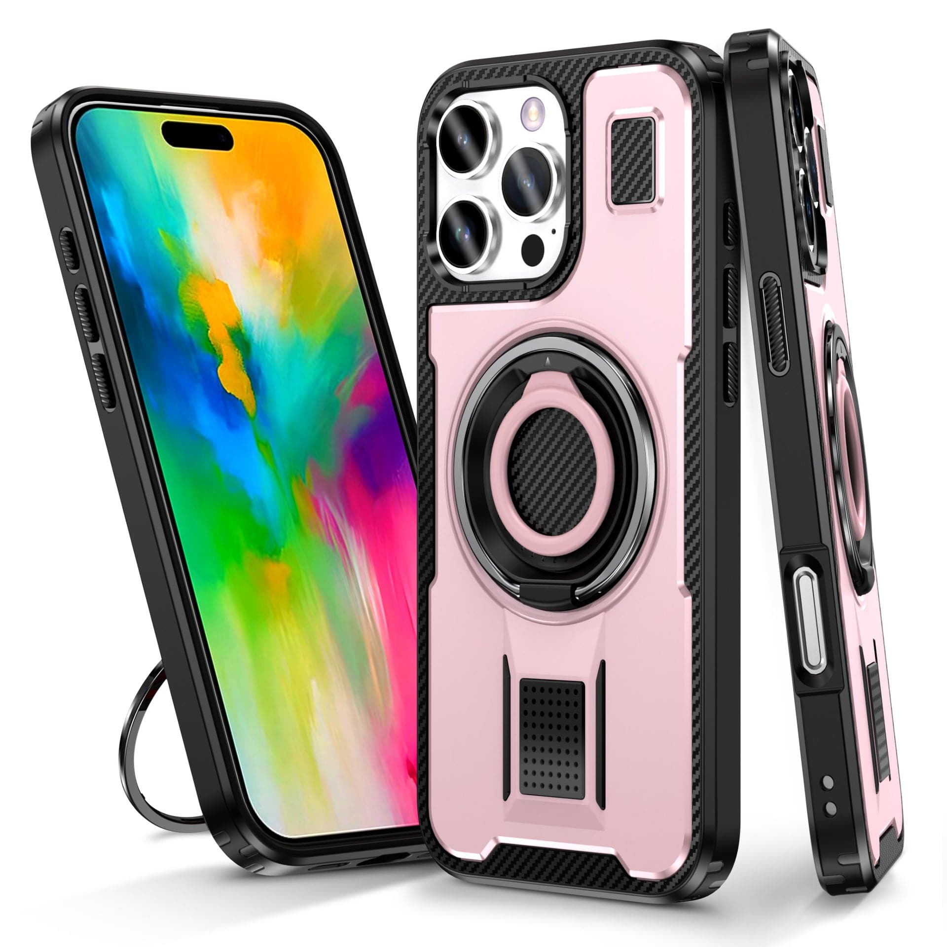 A sleek, rugged protective cover for the iPhone 16 Pro Max is showcased on a smartphone with a vibrant screen. This Heavy-Duty Case in pink and black features carbon fiber accents, a built-in kickstand, a 360° rotating metal ring for magnetic mounts, and reinforced corners for optimal protection.