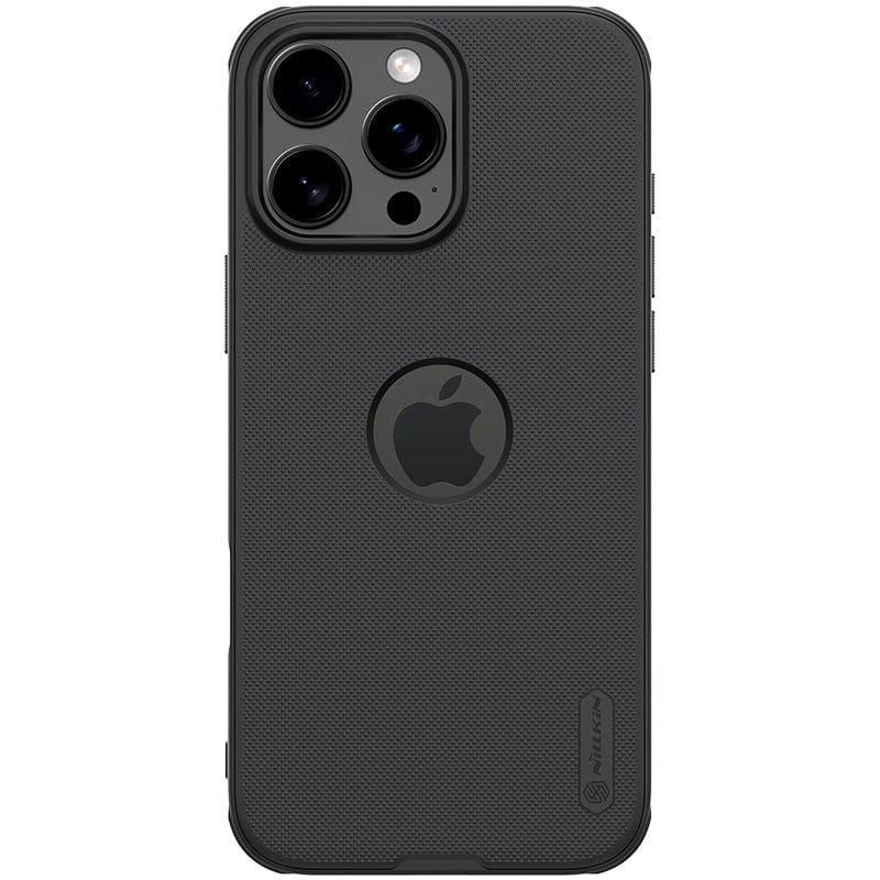 A black iPhone 16 Pro Max Protective Case with double-layer protection and a textured, anti-slip grip, featuring precise cutouts for the Apple logo and three rear camera lenses.