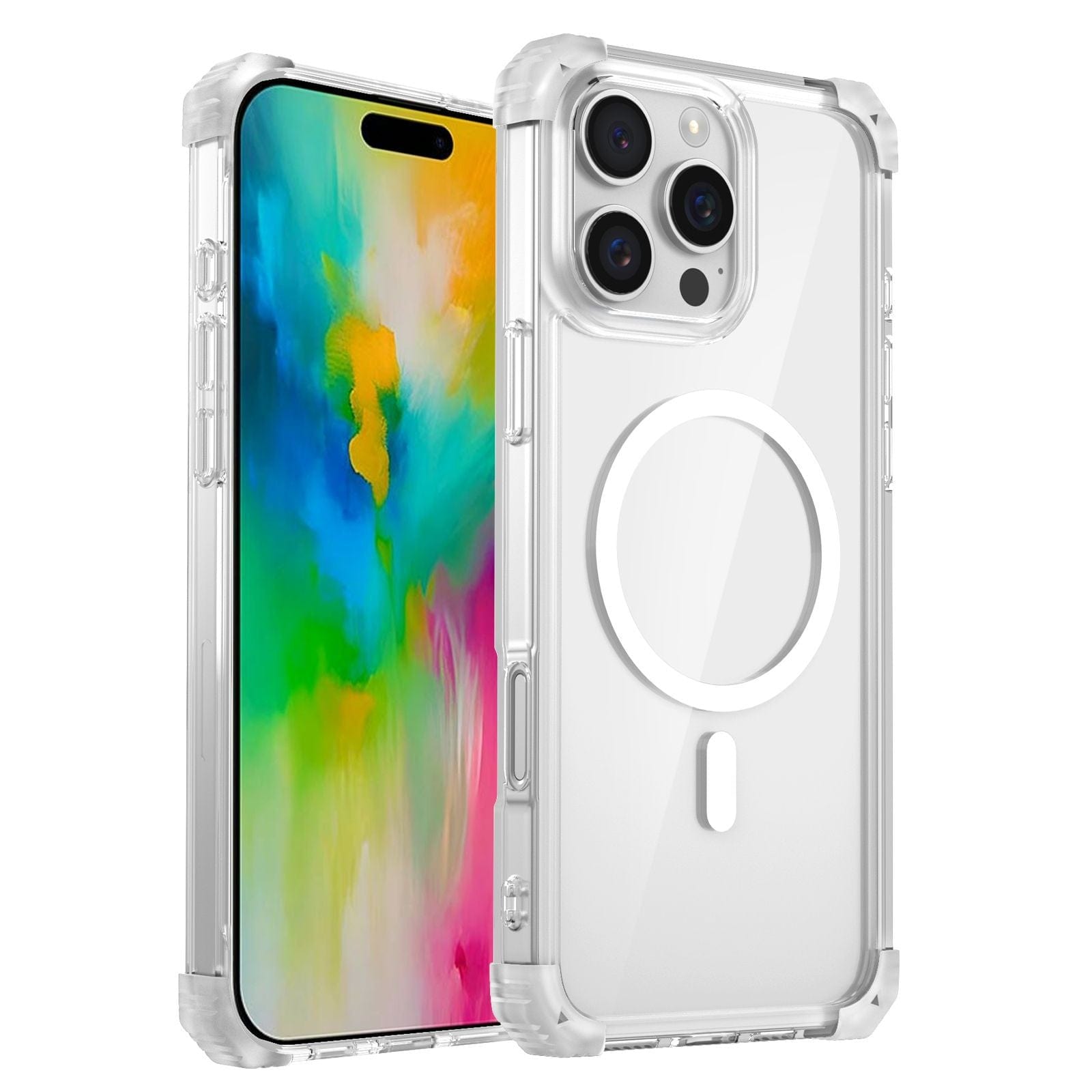 An iPhone 16 Pro Max protected by a clear MagSafe case showcases a vibrant abstract design on its screen. The back of the case features a circular white ring for seamless accessory attachment, combining military-grade drop protection, 3H anti-scratch technology, and availability in multiple colors.