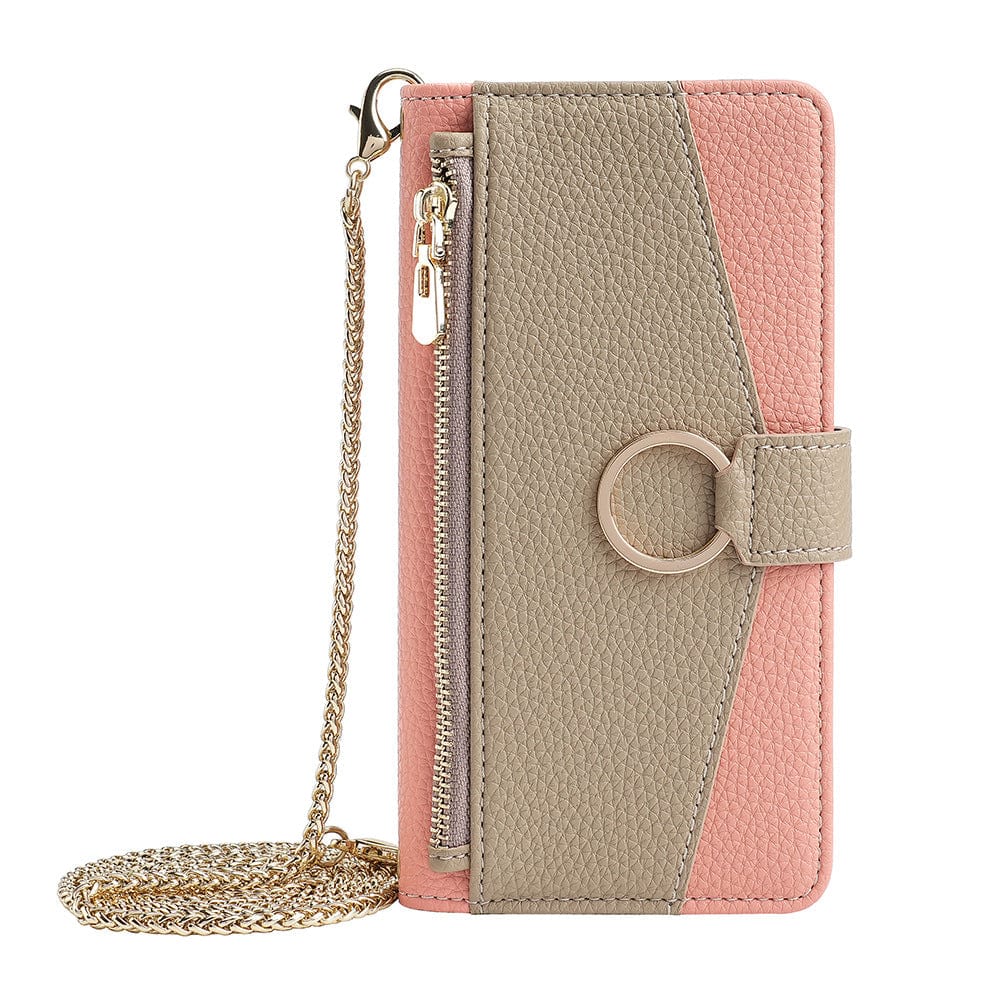 A stylish iPhone 16 Pro Max Crossbody Wallet Case in pink and beige PU leather, featuring a zippered pocket, a snap closure, a gold chain strap, built-in mirror, card slots, hidden stand, detachable strap and ample space for your phone.