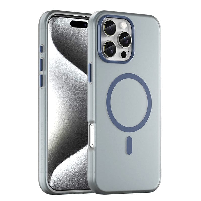 Showcased is an iPhone 16 Pro Max in a frosted semi-transparent protective case with a light grey hue and circular design on the back, providing shockproof protection and anti-fingerprint features. This case guarantees MagSafe compatibility for your convenience.