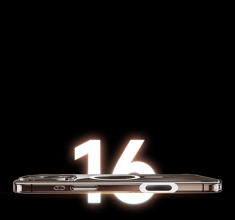 Side view of the iPhone 16 Pro Max Clear Case with a glowing number "16" behind it, showcasing the slim profile and button placement of the device, featuring an AR-coated anti-fingerprint surface.
