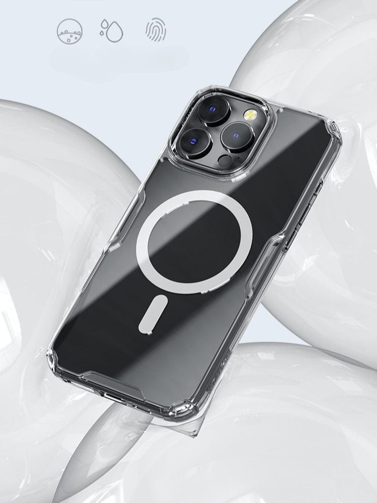 The Clear Magnetic iPhone 16 Pro Max Case, featuring a crystal-clear design and reinforced corners for shockproof protection, is showcased on a smartphone with a circular MagSafe design, placed on a glossy white surface. This case is fully MagSafe compatible.