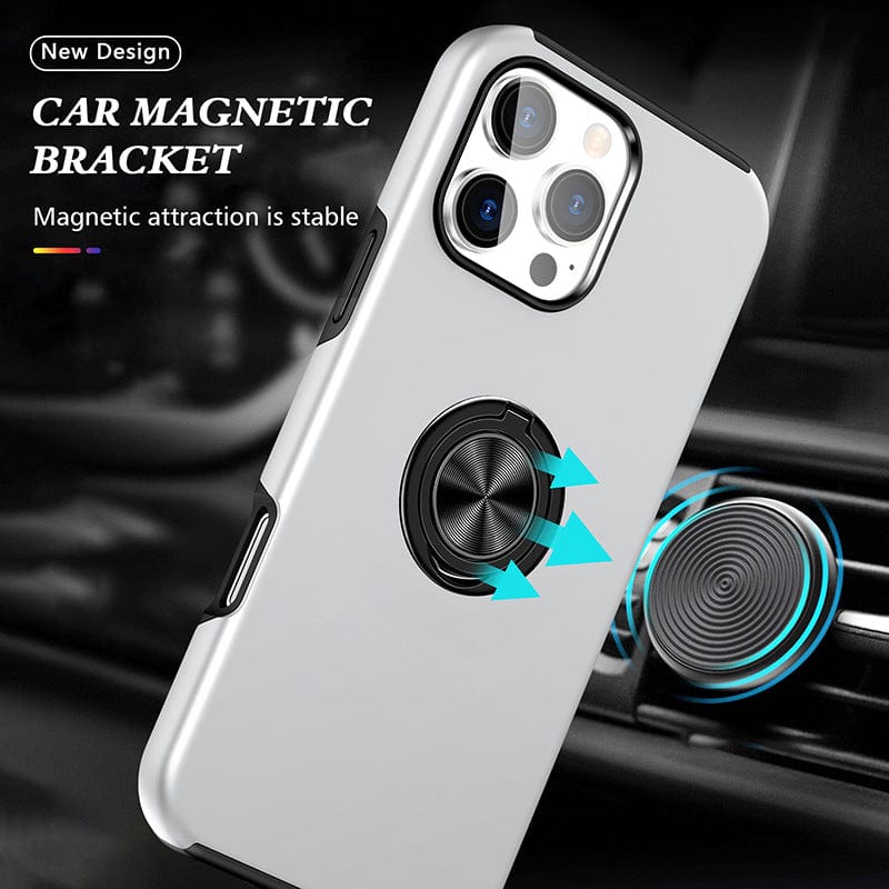 The iPhone 16 Pro Max Case with 360° Rotating Ring Stand is shown attached to a car magnetic bracket. This case features dual-layer protection, a central circular magnet for stable magnetic attraction, and a rotating ring stand for versatile viewing angles.