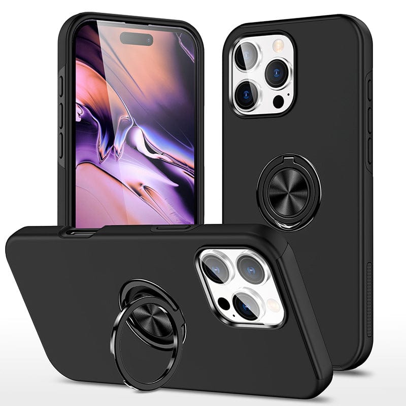 The iPhone 16 Pro Max Case with a 360° Rotating Ring Stand, featuring shockproof and full camera protection, is elegantly displayed around a phone. The phone screen displays a colorful abstract design.