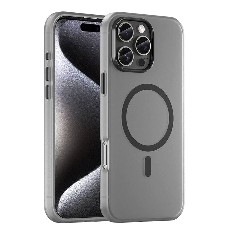 The iPhone 16 Pro Max Frosted Semi-Transparent MagSafe Case, which offers anti-fingerprint and shockproof protection, encases the smartphone in a grey design that features a visible camera array and a circular MagSafe symbol.