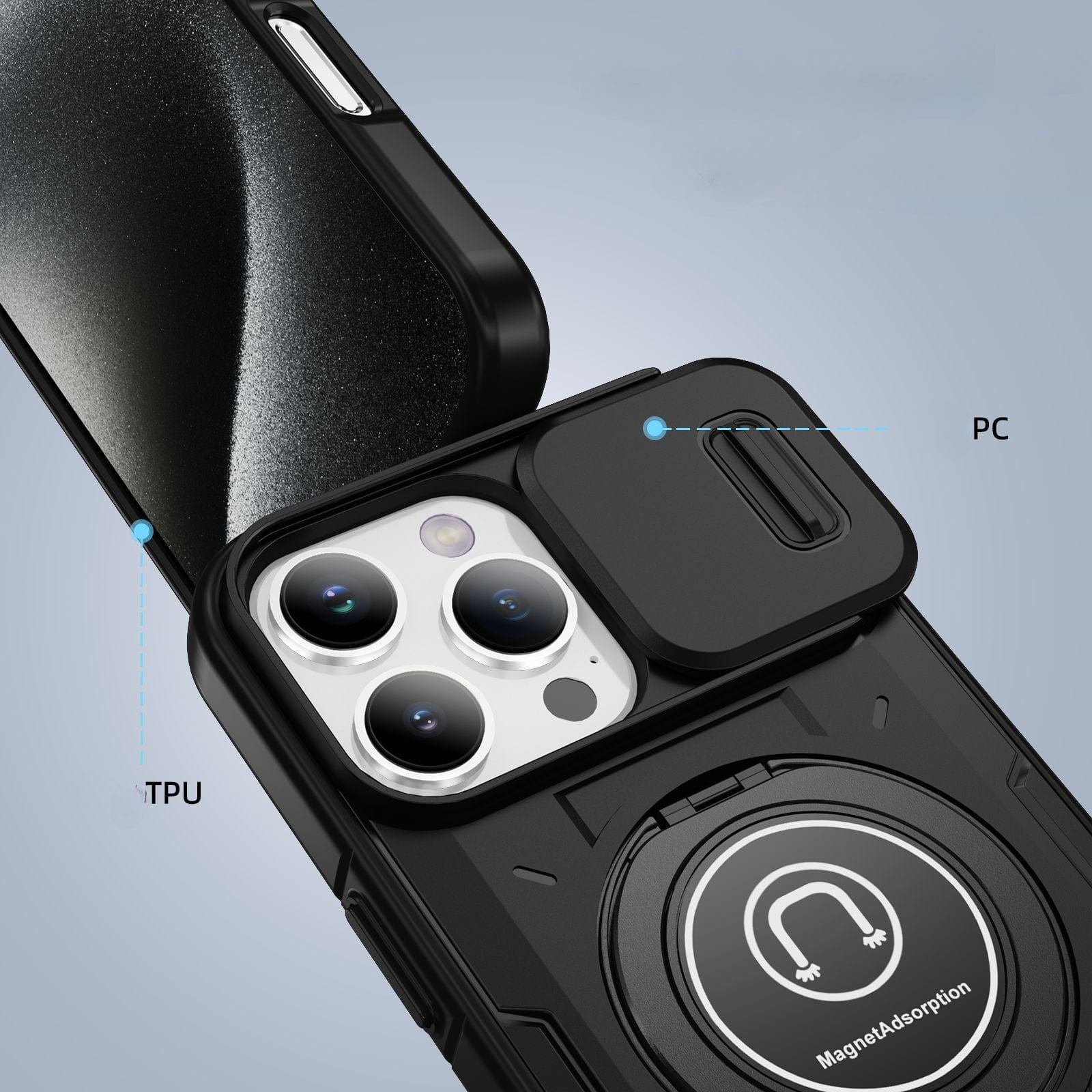 The iPhone 16 Pro Max Rugged Magnetic Case features a sliding camera cover that reveals the phone's lenses and is compatible with magnetic mounts. Meticulously labeled, the TPU (thermoplastic polyurethane) and PC (polycarbonate) materials ensure ultimate drop protection.