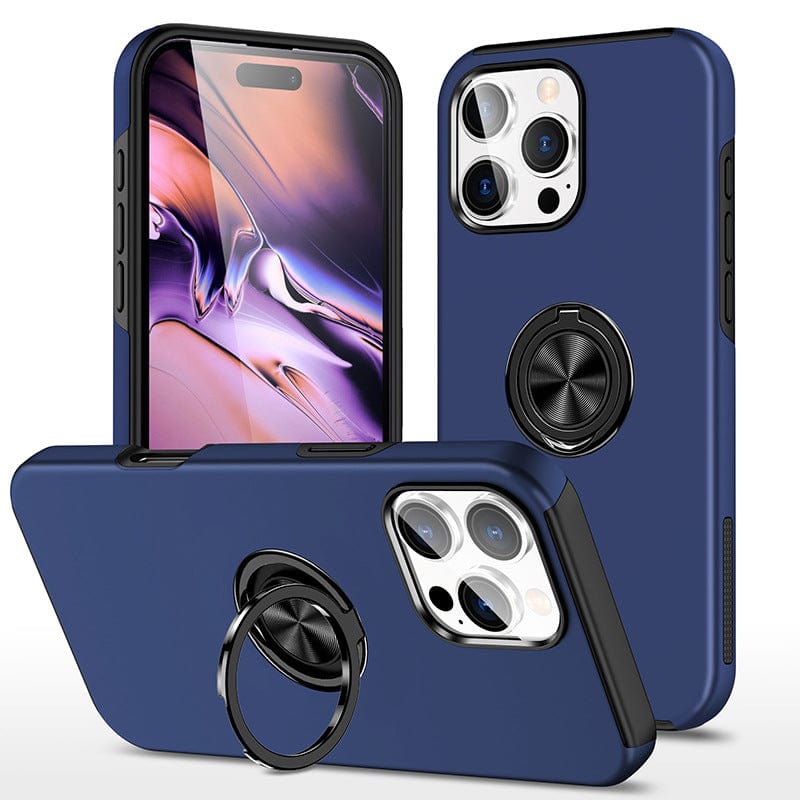 Three blue iPhone 16 Pro Max cases with black accents; one with its screen on, displaying a colorful design, and two showing the back featuring a built-in 360° rotating ring stand and dual-layer shockproof protection for full camera security.