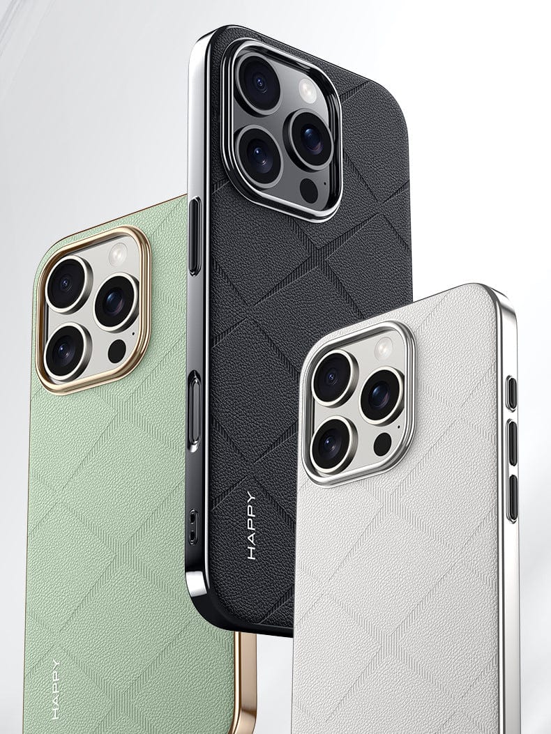 Three iPhone 16 Pro Max smartphones encased in Premium Leather cases with a shockproof design and metal button finish are displayed vertically in green, black, and white, highlighting their superior camera protection and triple camera setups.