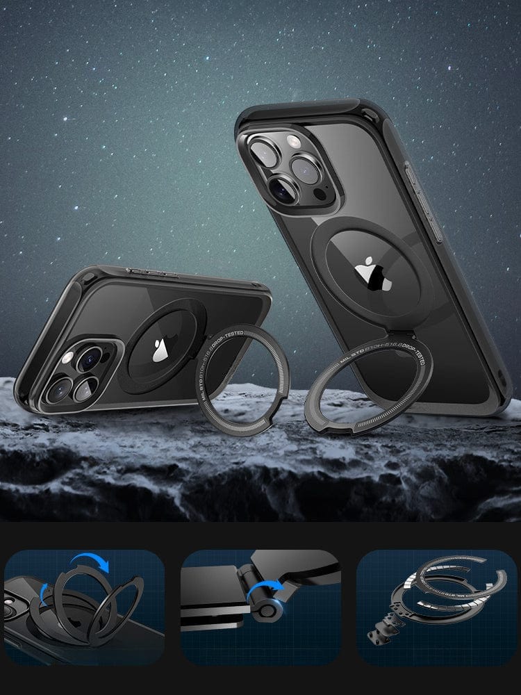 Two iPhone 16 Pro Max Magnetic Ring Stand Cases in black, featuring circular magnetic ring kickstands, are displayed against a starry background. Three smaller images below highlight the magnetic ring attachments and the air cushion shockproof design of this full-body protection case with an integrated camera control button.