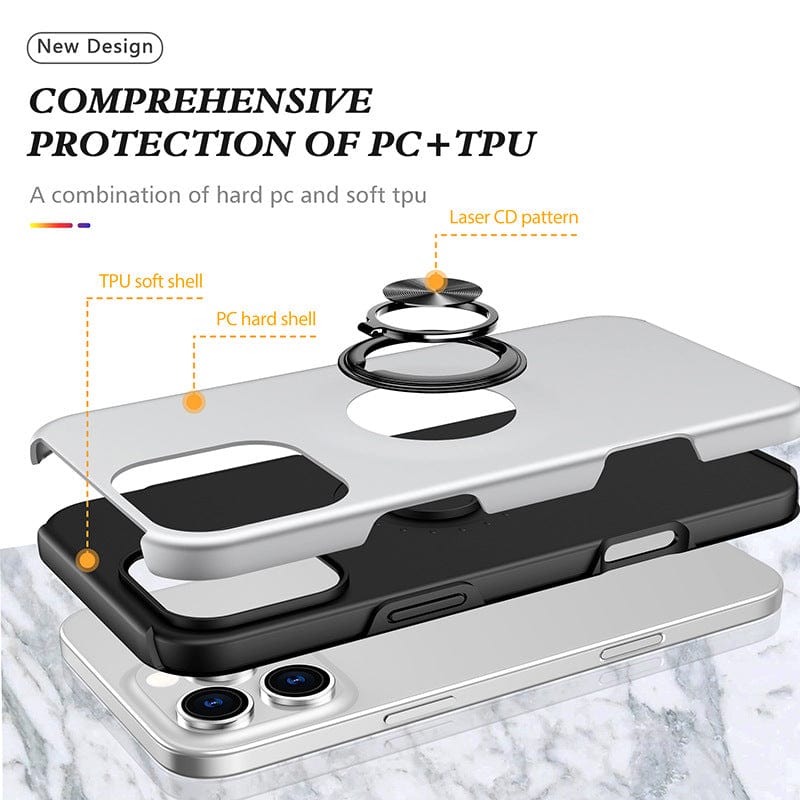 Two iPhone 16 Pro Max cases, one white and one black, are shown disassembled on a marble surface, highlighting their PC hard shell and TPU soft shell for shockproof protection and full camera coverage.