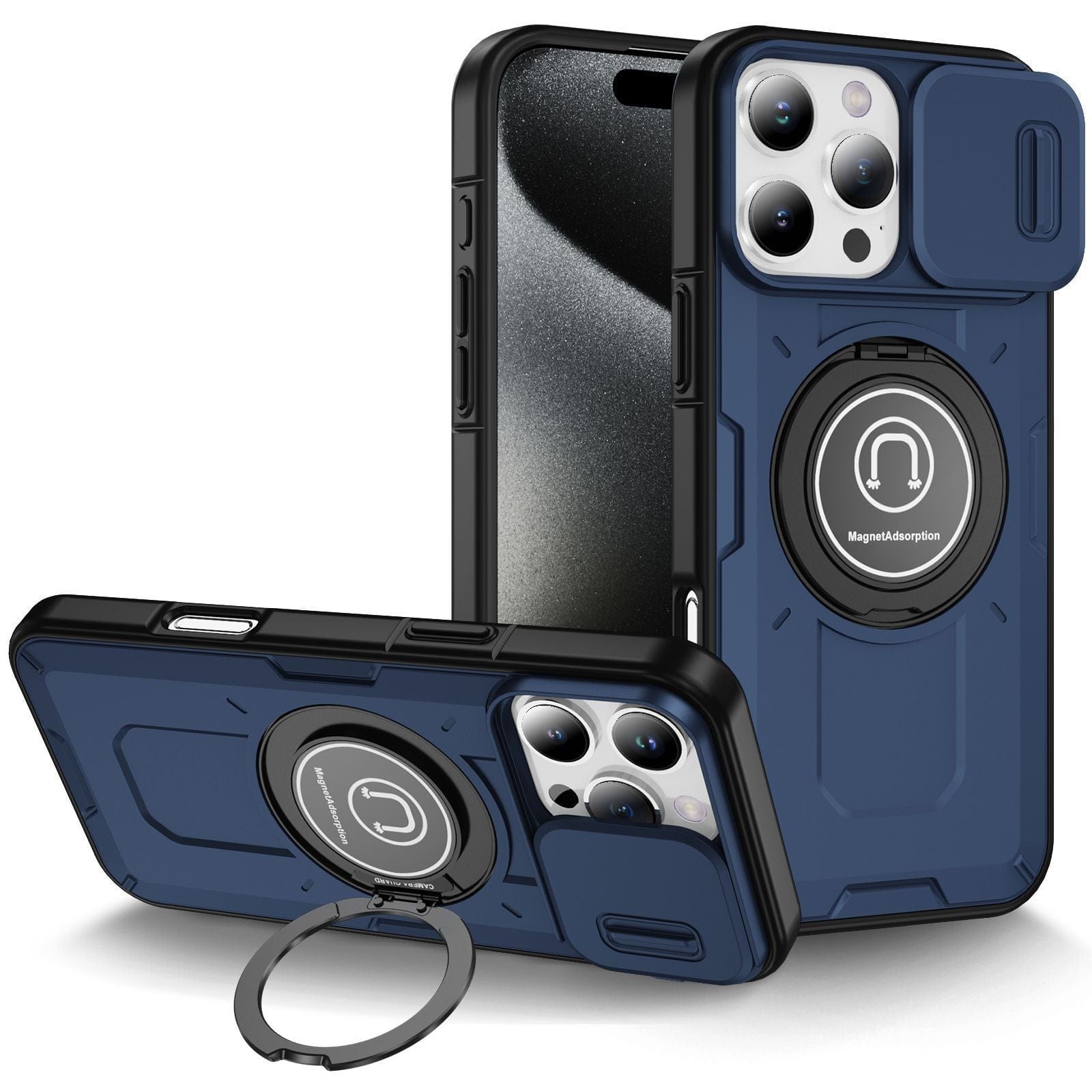 Two iPhone 16 Pro Max smartphones encased in rugged, blue iPhone 16 Pro Max Rugged Magnetic Cases. Each case includes a sliding camera cover, ring kickstand, and shockproof protection, as well as MagSafe compatibility. One smartphone is positioned upright while the other lies on its back.