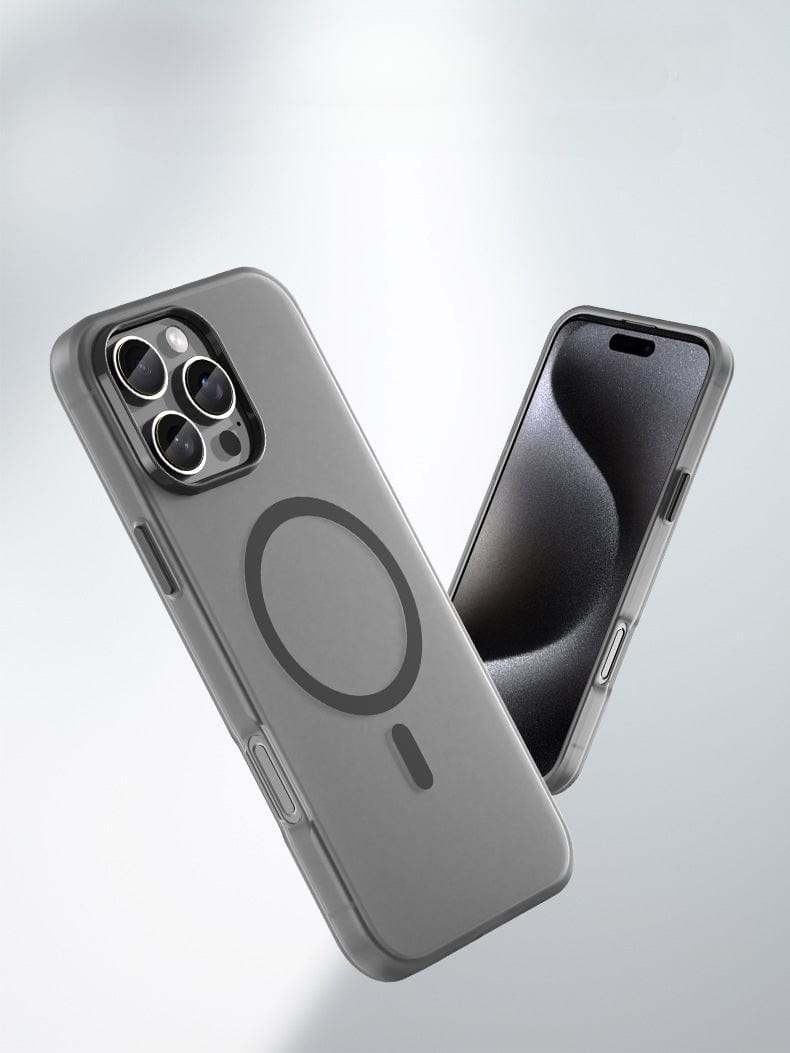 Two iPhone 16 Pro Max smartphones with frosted semi-transparent MagSafe cases are shown. The phone on the left displays its rear with multiple camera lenses, while the one on the right showcases its screen. These iPhone 16 Pro Max Frosted Semi-Transparent MagSafe Cases feature anti-fingerprint and shockproof protection for full body durability and enhanced MagSafe compatibility.