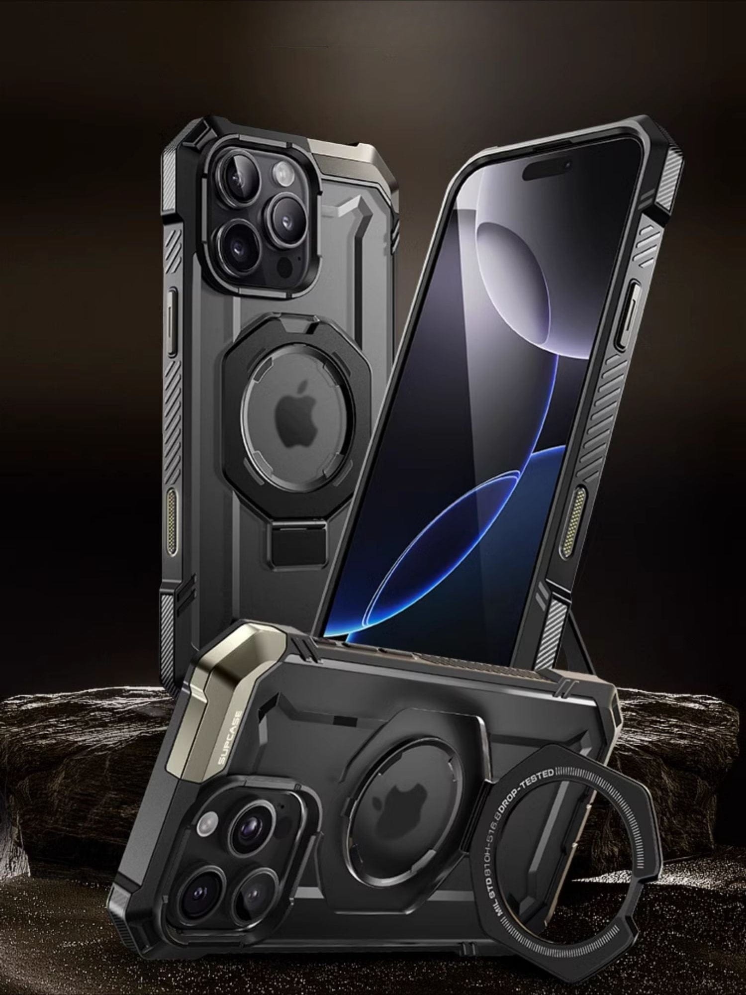 Two rugged black iPhone 16 Pro Max Armor Cases are displayed, each housing a smartphone. The cases come with textured designs, reinforced corners for added protection, built-in ring holders, and feature Military-Grade Drop Protection to ensure durability. Additionally, they boast an Exclusive Camera Control Button and N52+ Strong Magnetic Adsorption.