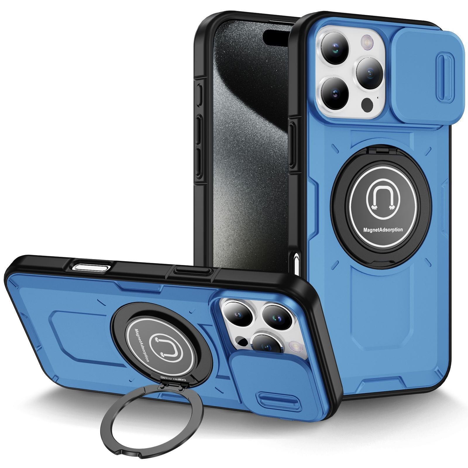 Two sleek iPhone 16 Pro Max Rugged Magnetic Cases in blue offer robust drop protection and feature sliding camera covers, metal rings for kickstand use, and MagSafe-compatible magnetic rings. One smartphone is angled to display the case's front and back design.