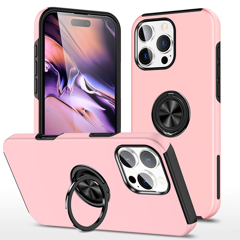 Two smartphones with iPhone 16 Pro Max cases featuring a 360° rotating ring stand on the back, each in pink and one displaying a colorful abstract wallpaper. These shockproof cases offer dual-layer protection to keep your device safe and stylish while providing full camera protection.