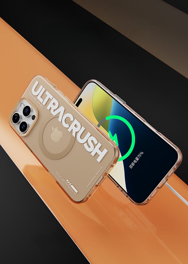 Two smartphones with transparent cases floating; one displays "ULTRACRUSH" on its back, showcasing the iPhone 16 Pro Max UltraSleek Clear Case with shockproof 5-layer protection, and the other shows a charging icon with 57% in progress over a yellow and green background, highlighting its magnetic wireless charging feature.