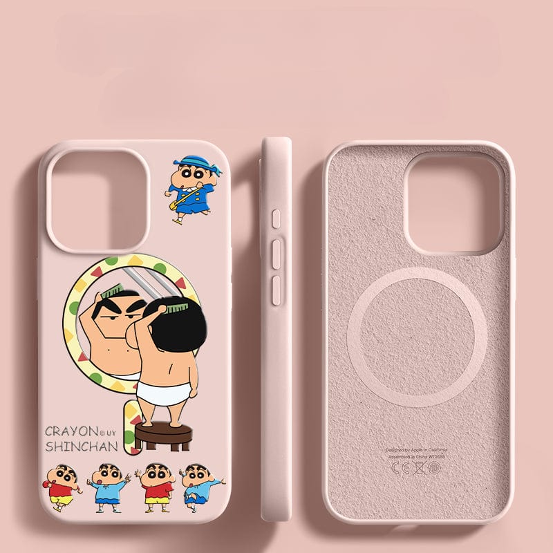 The iPhone 16 Pro Max Crayon Shin-chan Case in pink, featuring a cute cartoon design, offers shockproof triple-layer protection and showcases multiple illustrations of Crayon Shin-chan in various outfits and poses; the case is depicted from three angles.