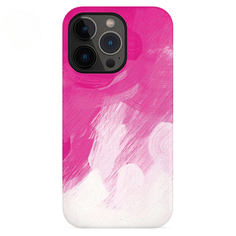 The Bold Pink Brushstroke iPhone 16 Pro Max Case - Artistic Design with Full Protection is shown, featuring a pink and white abstract paint stroke design. The camera module in the top left corner of the case accommodates three lenses. The artwork seamlessly transitions from pink at the top to white at the bottom.